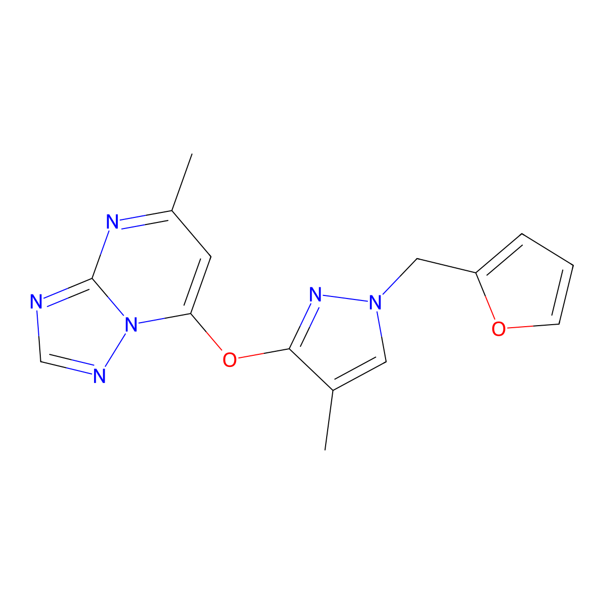 1-(Furan-2-ylmethyl)-4-methyl-3-({5-methyl-[1,2,4]triazolo[1,5-a]pyrimidin-7-yl}oxy)-1H-pyrazole molecular structure, CAS 301818-78-0