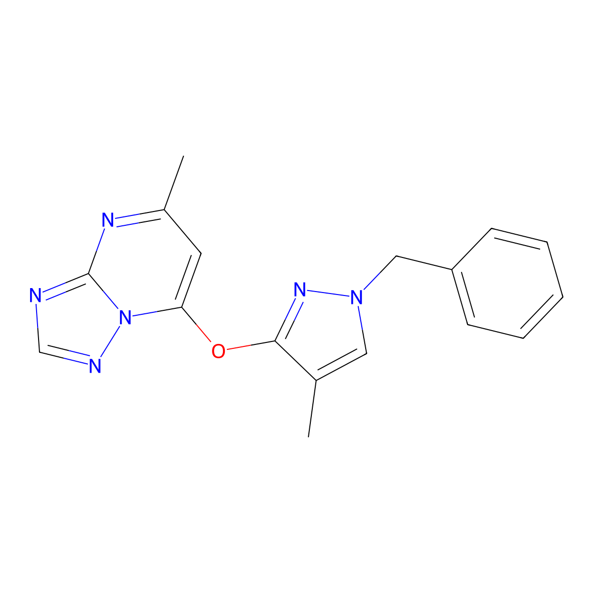 1-Benzyl-4-methyl-3-({5-methyl-[1,2,4]triazolo[1,5-a]pyrimidin-7-yl}oxy)-1H-pyrazole molecular structure, CAS 301818-79-1