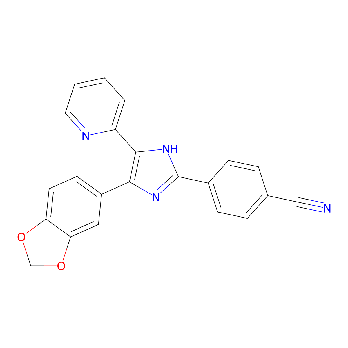 4-(4-(benzo[d][1,3]dioxol-5-yl)-5-(pyridin-2-yl)-1H-imidazol-2-yl)benzonitrile molecular structure, CAS 301836-34-0