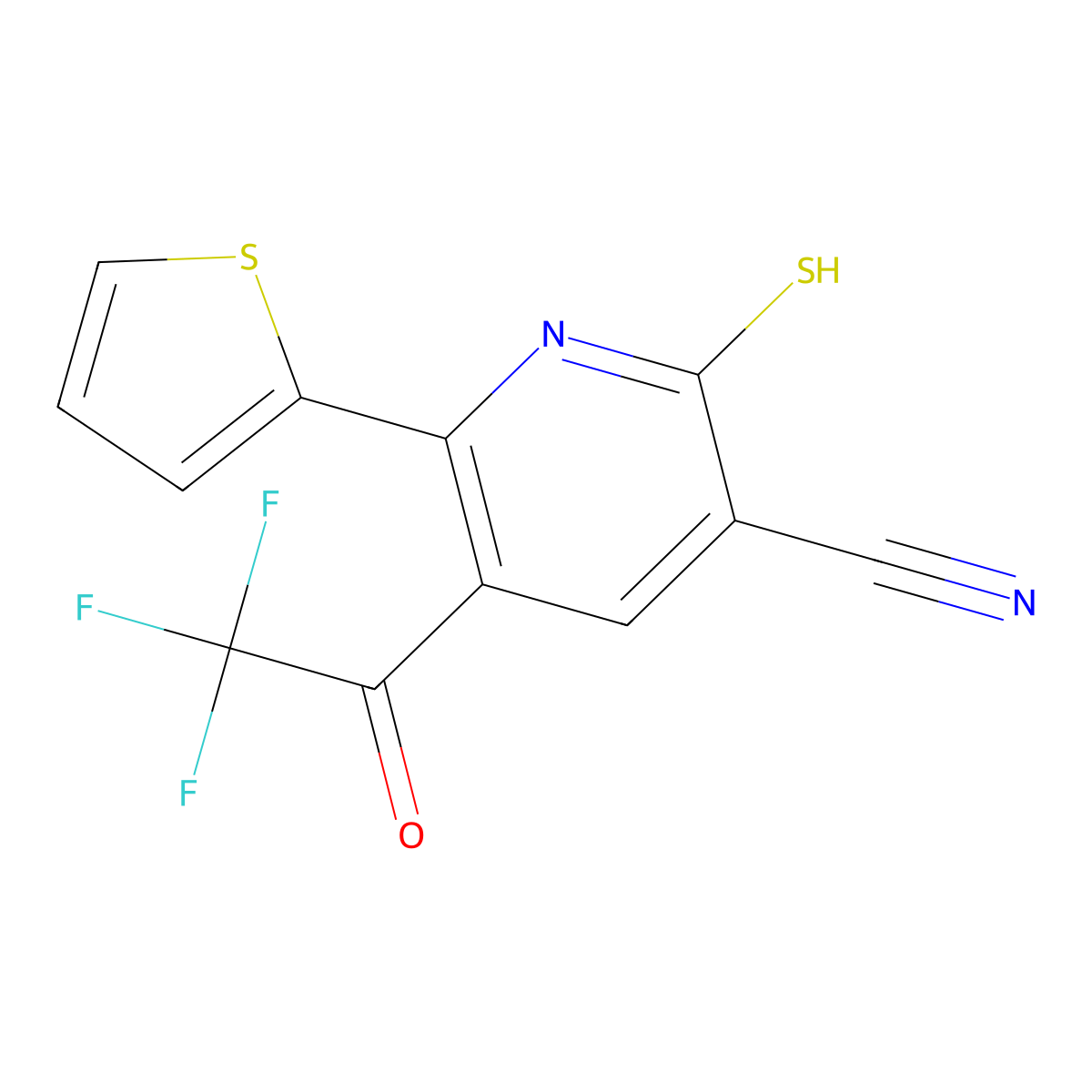 2-Sulfanylidene-6-(thiophen-2-yl)-5-(trifluoroacetyl)-1,2-dihydropyridine-3-carbonitrile molecular structure, CAS 301842-70-6