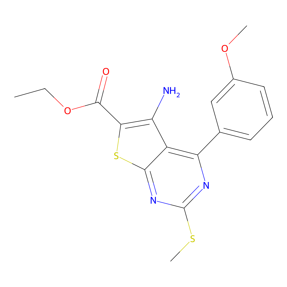 Ethyl 5-amino-4-(3-methoxyphenyl)-2-(methylthio)thieno[2,3-d]pyrimidine-6-carboxylate molecular structure, CAS 301846-06-0
