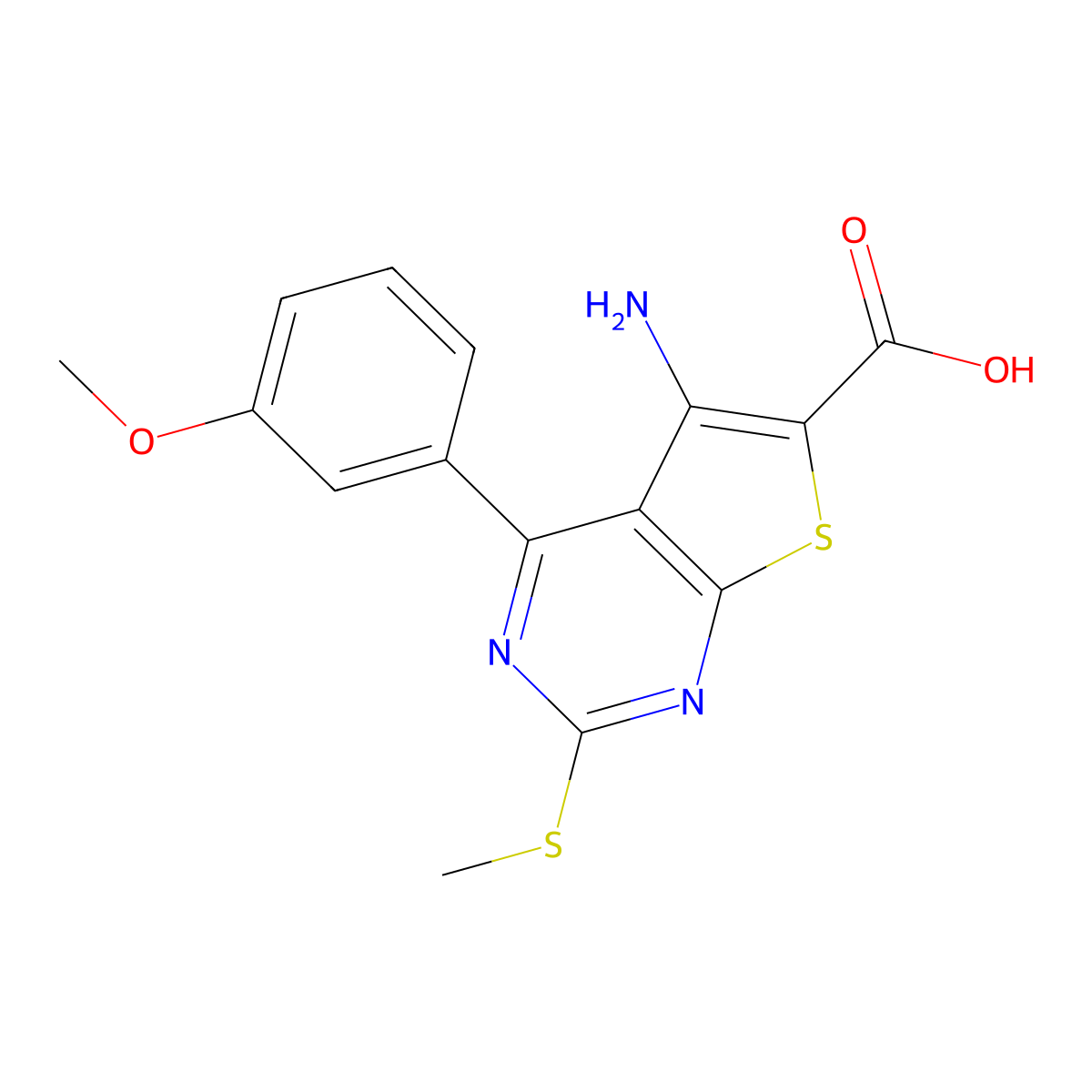5-Amino-4-(3-methoxyphenyl)-2-(methylthio)thieno[2,3-d]pyrimidine-6-carboxylic acid molecular structure, CAS 301847-46-1