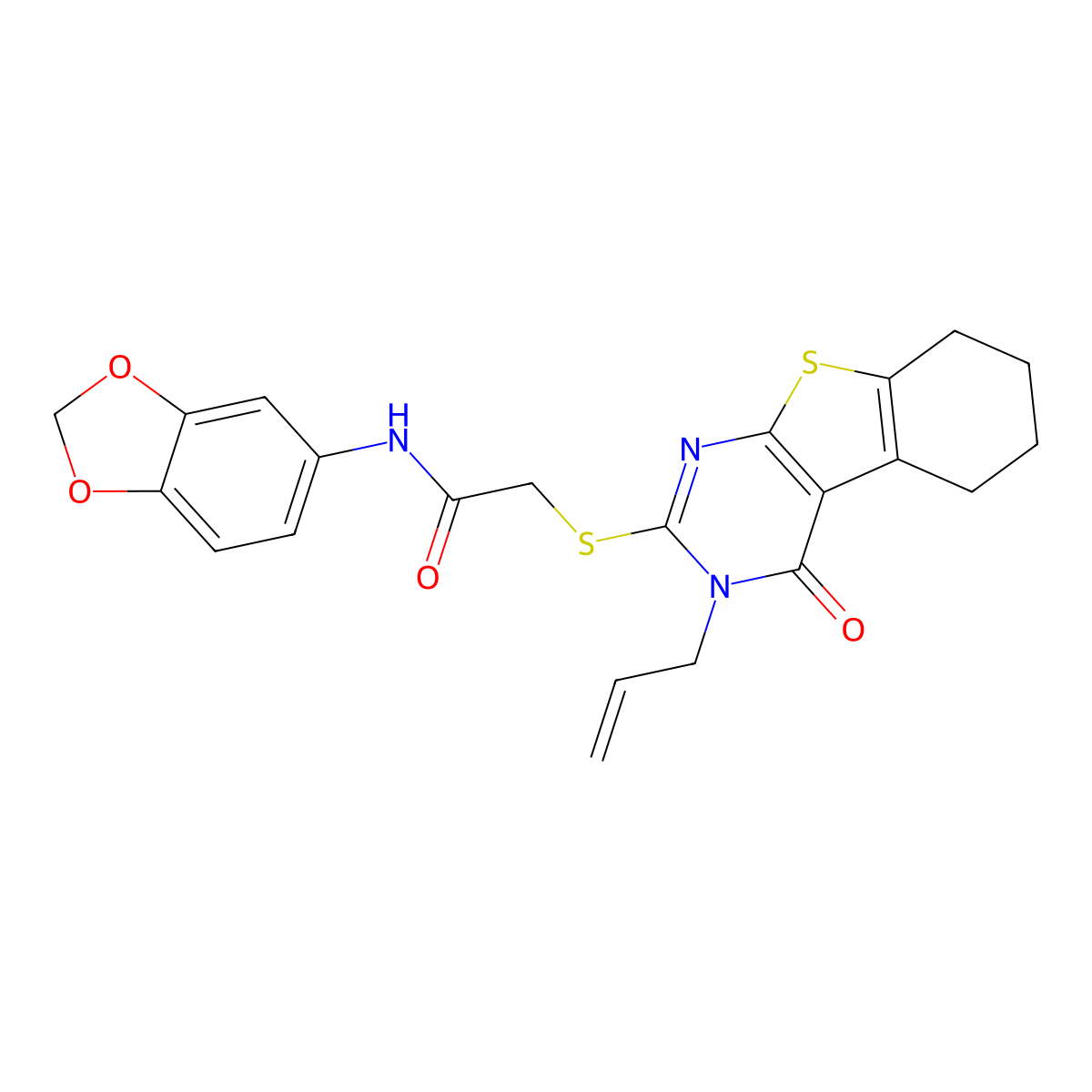 N-(2H-1,3-benzodioxol-5-yl)-2-{[3-oxo-4-(prop-2-en-1-yl)-8-thia-4,6-diazatricyclo[7.4.0.0^{2,7}]trideca-1(9),2(7),5-trien-5-yl]sulfanyl}acetamide molecular structure, CAS 301857-99-8