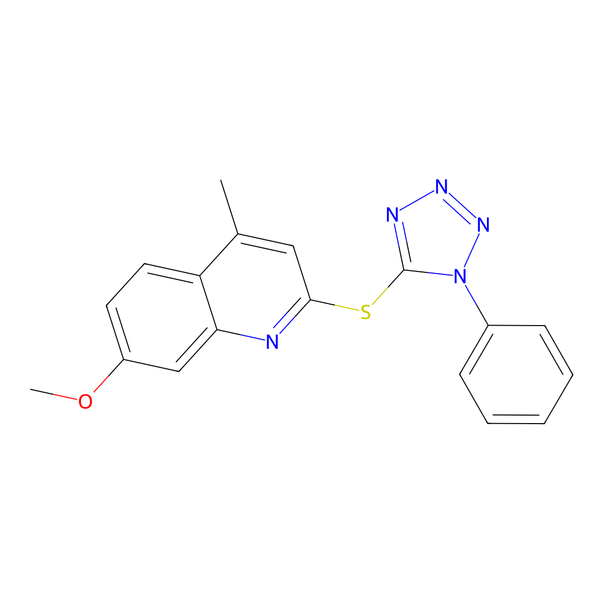 7-methoxy-4-methyl-2-[(1-phenyl-1H-1,2,3,4-tetrazol-5-yl)sulfanyl]quinoline molecular structure, CAS 301858-45-7