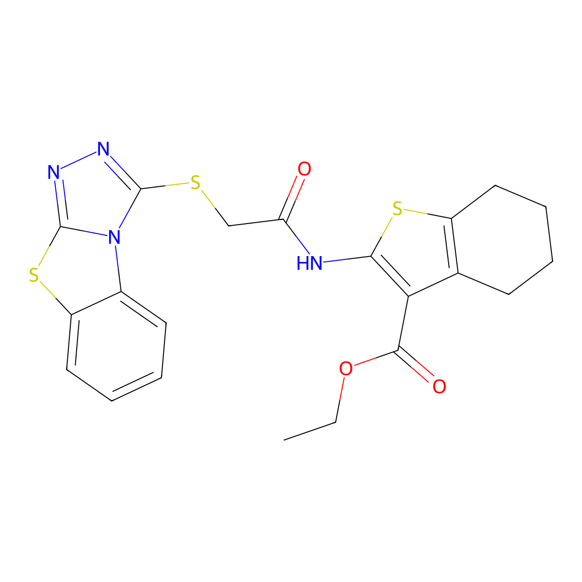 Ethyl 2-(2-{7-thia-2,4,5-triazatricyclo[6.4.0.0^{2,6}]dodeca-1(8),3,5,9,11-pentaen-3-ylsulfanyl}acetamido)-4,5,6,7-tetrahydro-1-benzothiophene-3-carboxylate molecular structure, CAS 301859-22-3
