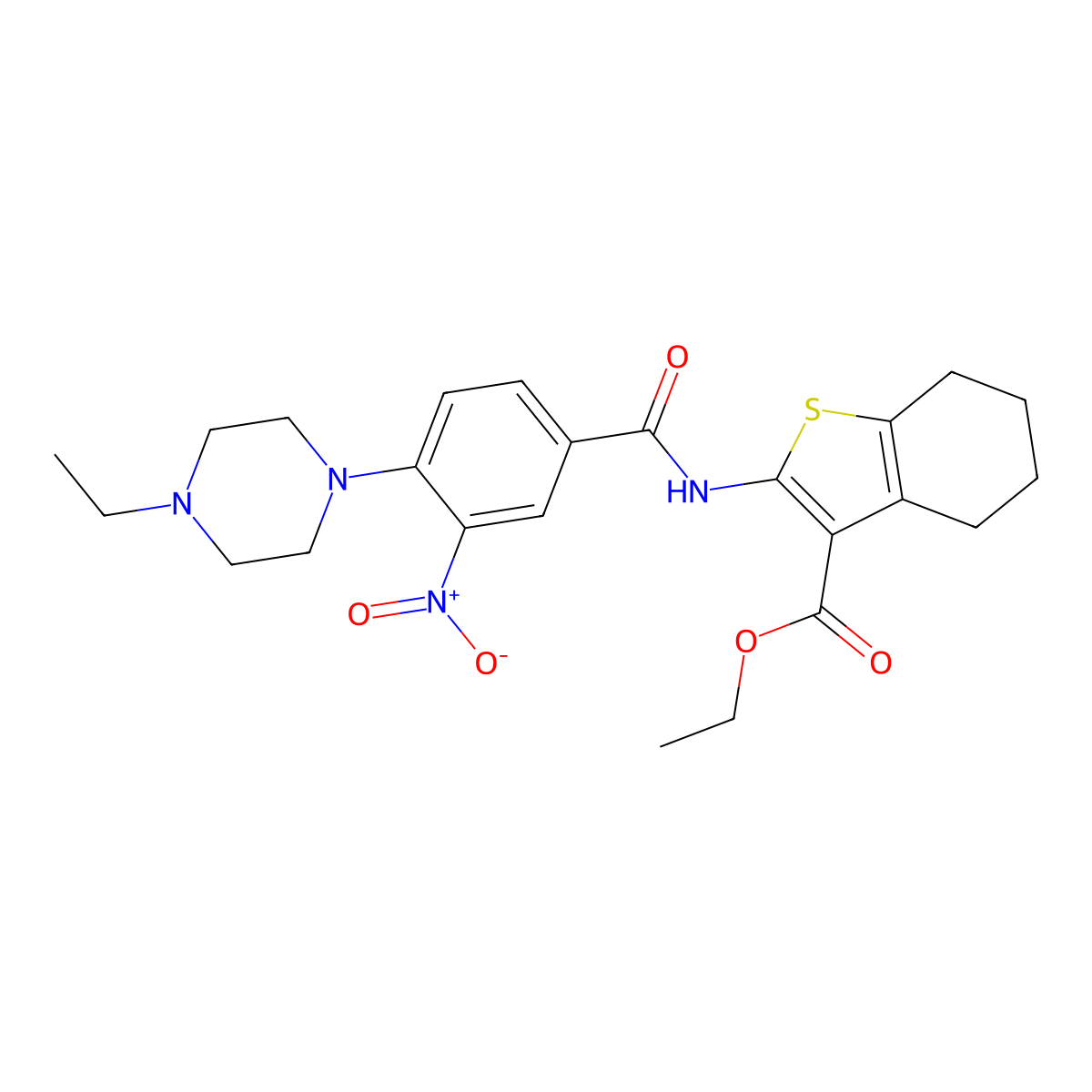 Ethyl 2-(4-(4-ethylpiperazin-1-yl)-3-nitrobenzamido)-4,5,6,7-tetrahydrobenzo[b]thiophene-3-carboxylate molecular structure, CAS 301859-31-4
