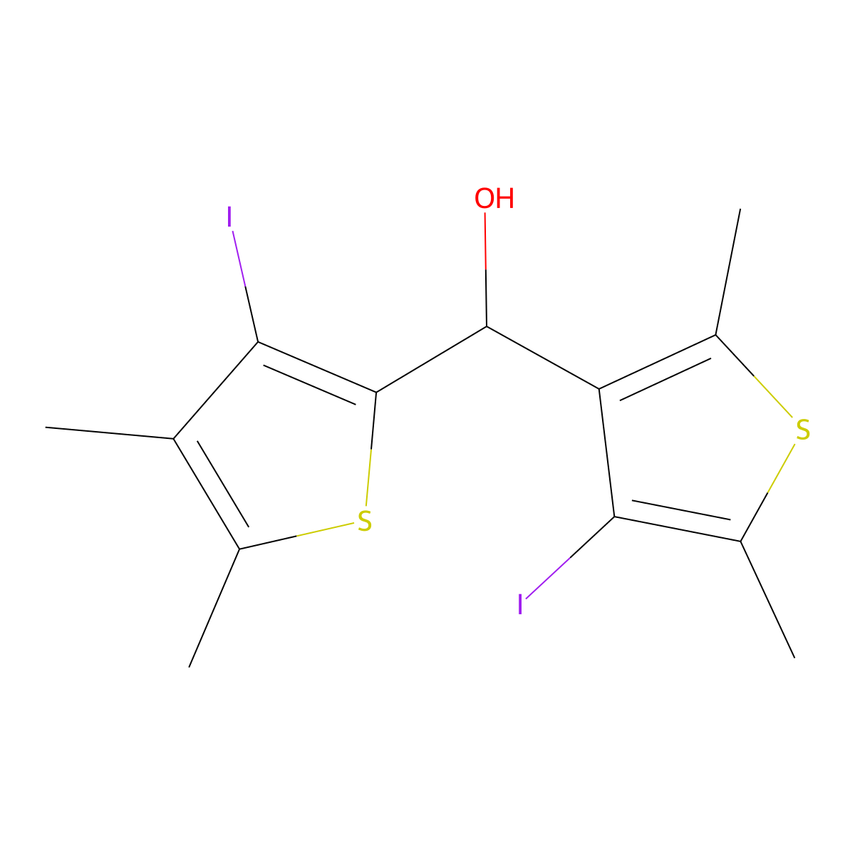 3-Iodo-alpha-(4-iodo-2,5-dimethyl-3-thienyl)-4,5-dimethyl-2-thiophenemethanol molecular structure, CAS 30187-34-9