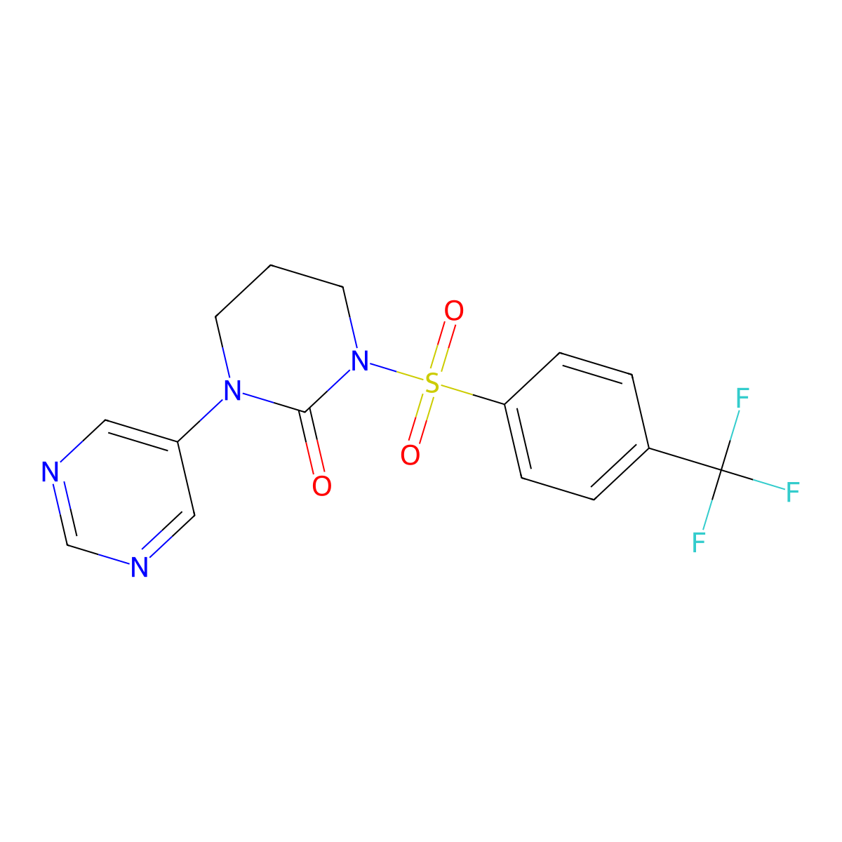 1-Pyrimidin-5-yl-3-[4-(trifluoromethyl)phenyl]sulfonyl-1,3-diazinan-2-one molecular structure, CAS 3019885-78-7