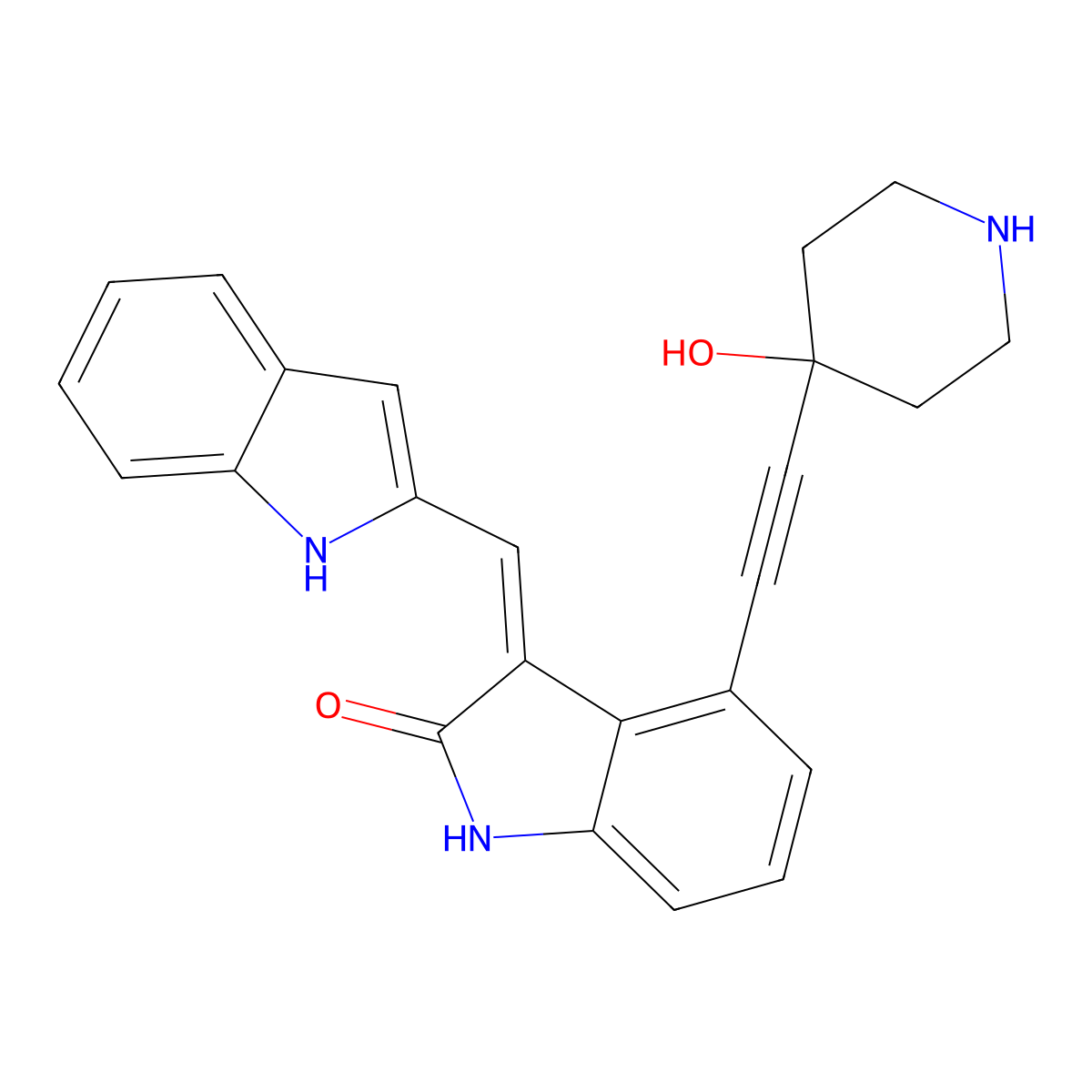 (3Z)-4-[2-(4-hydroxypiperidin-4-yl)ethynyl]-3-(1H-indol-2-ylmethylidene)-1H-indol-2-one molecular structure, CAS 3022730-07-7