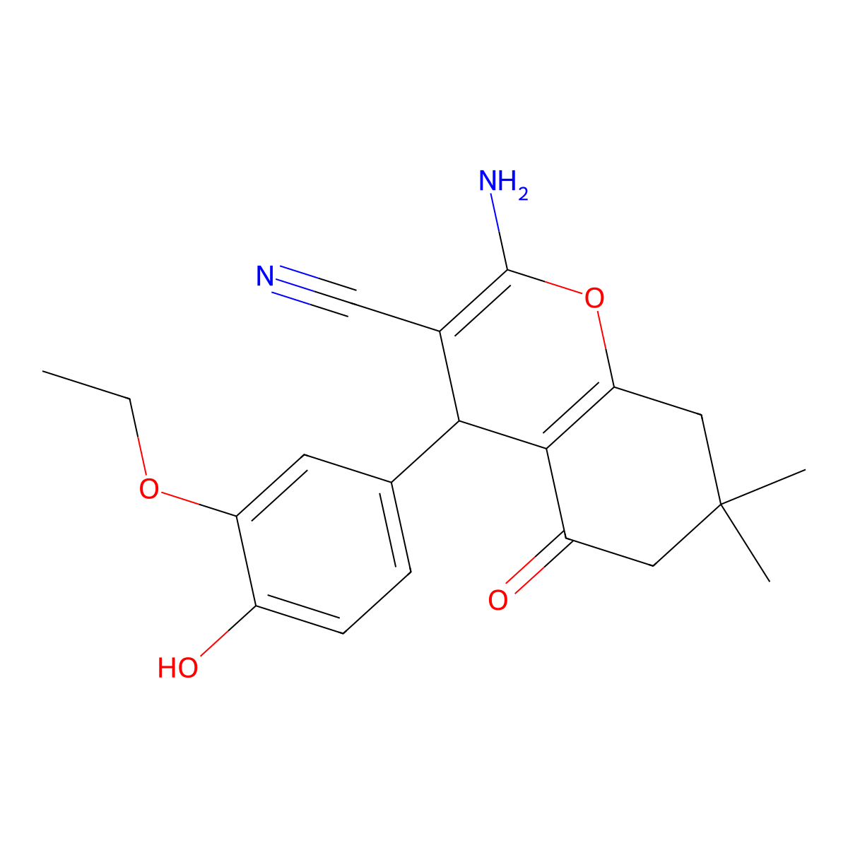 2-amino-4-(3-ethoxy-4-hydroxyphenyl)-7,7-dimethyl-5-oxo-5,6,7,8-tetrahydro-4H-chromene-3-carbonitrile molecular structure, CAS 302323-19-9