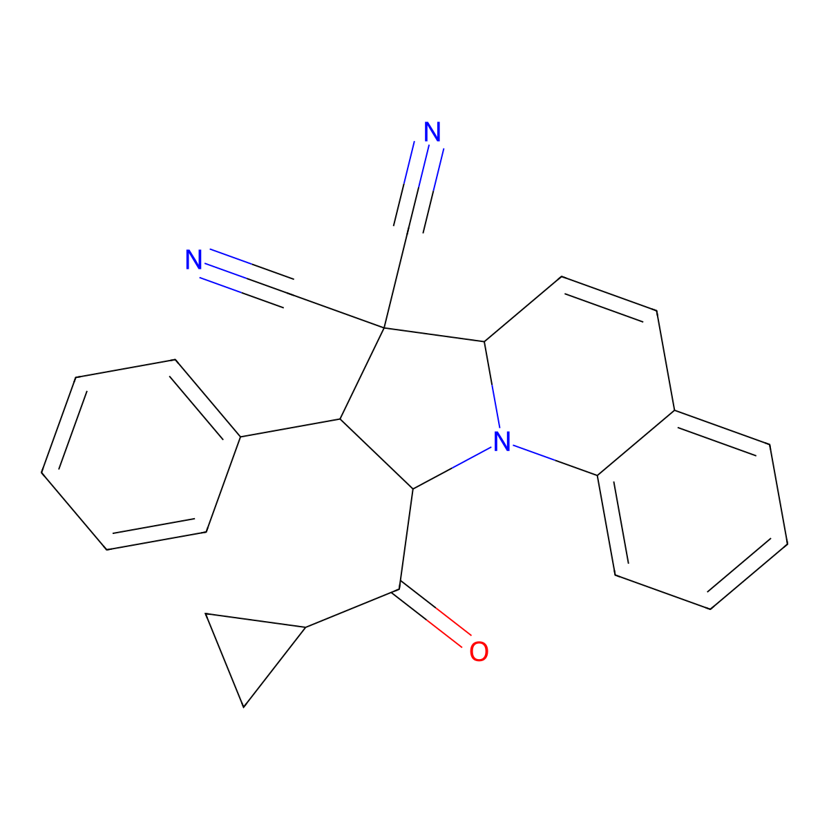 1-(cyclopropylcarbonyl)-2-phenyl-1,2-dihydropyrrolo[1,2-a]quinoline-3,3(3aH)-dicarbonitrile molecular structure, CAS 302326-02-9