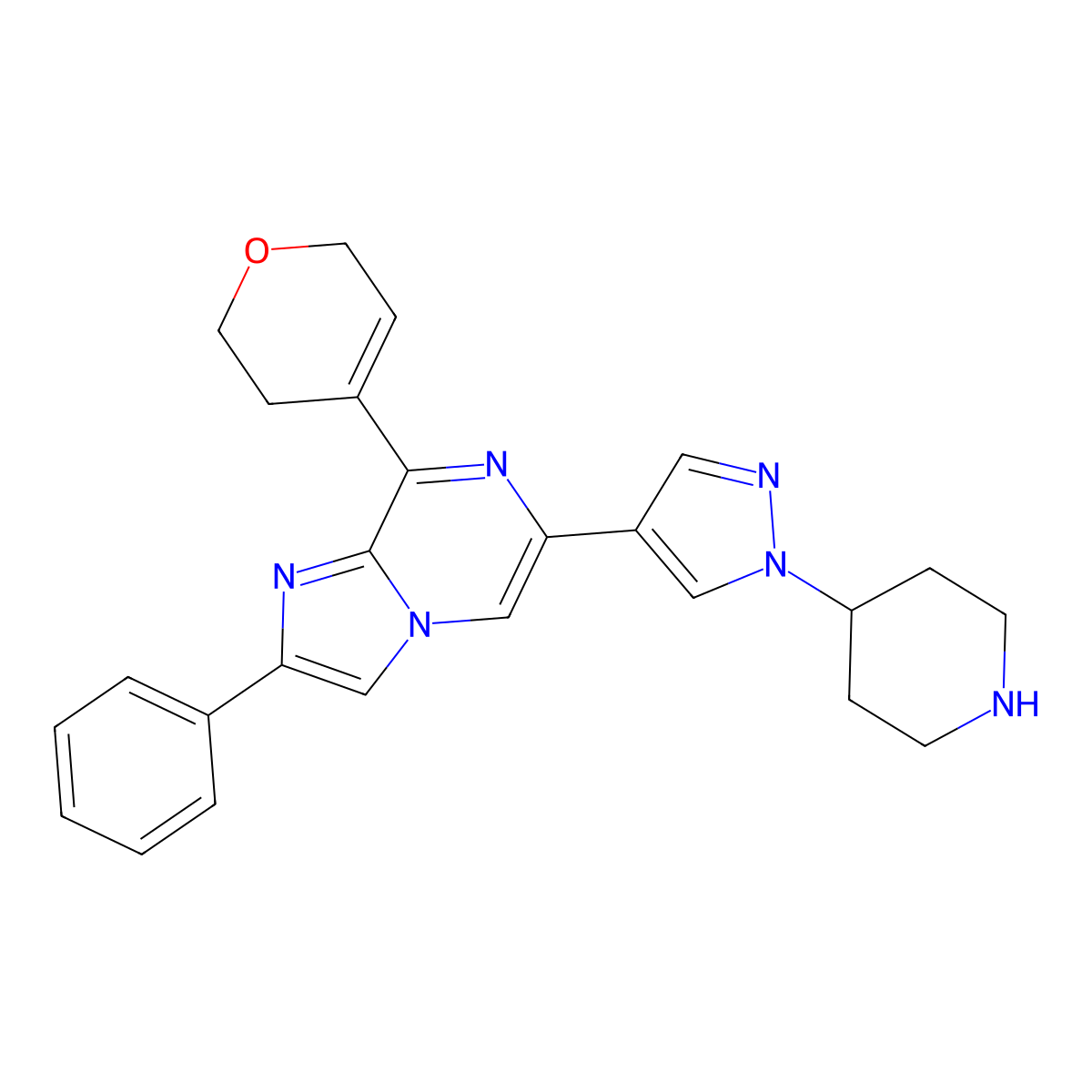 8-(3,6-dihydro-2H-pyran-4-yl)-2-phenyl-6-(1-piperidin-4-ylpyrazol-4-yl)imidazo[1,2-a]pyrazine molecular structure, CAS 3023925-68-7