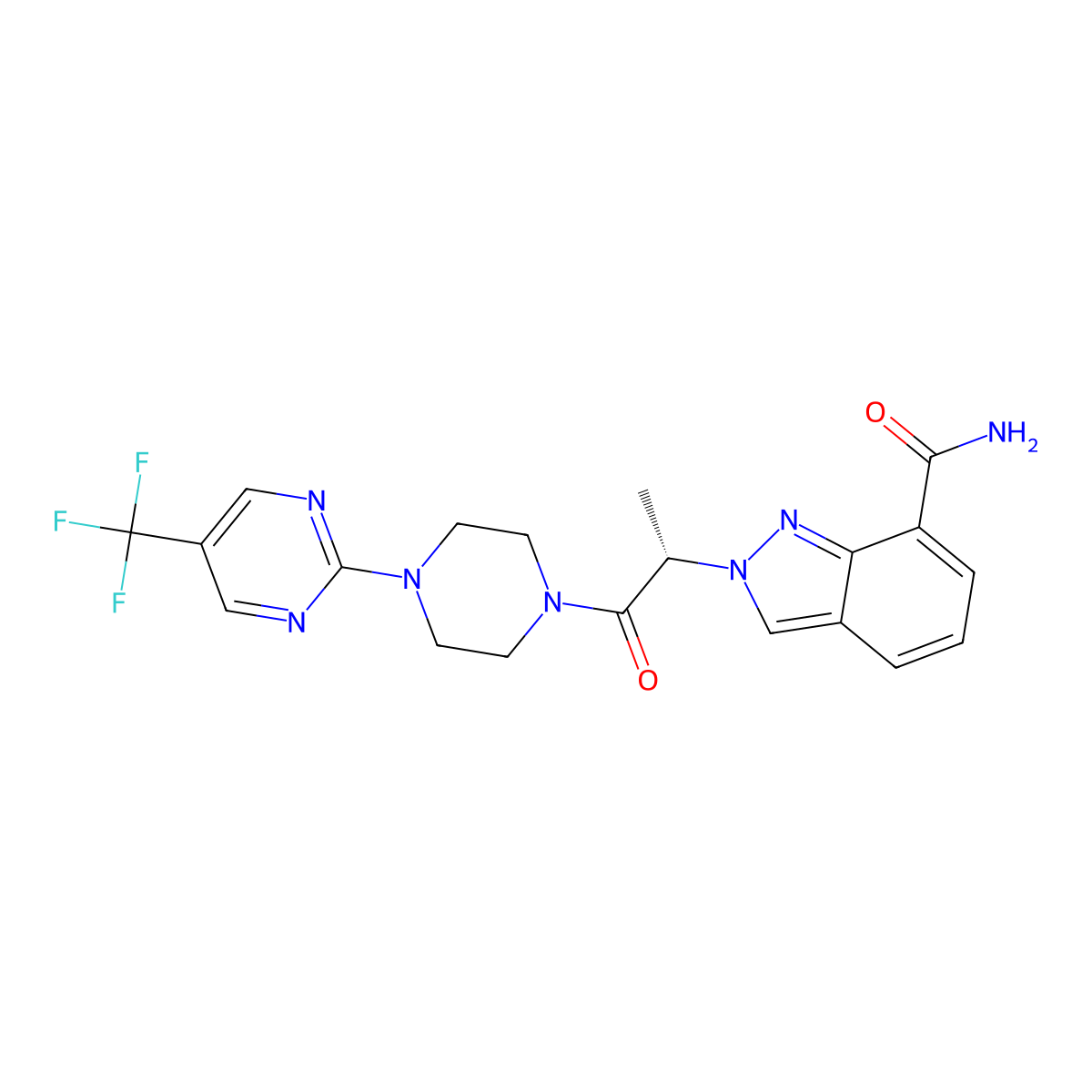 (S)-2-(1-Oxo-1-(4-(5-(trifluoromethyl)pyrimidin-2-yl)piperazin-1-yl)propan-2-yl)-2H-indazole-7-carboxamide molecular structure, CAS 3024030-10-9