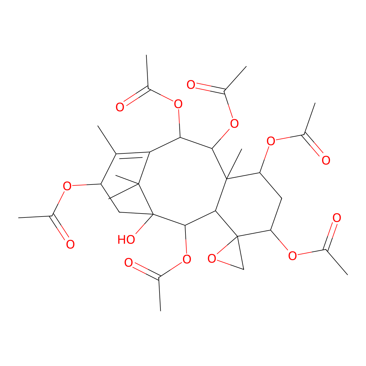 (2',5',9',10',13'-Pentaacetyloxy-1'-hydroxy-8',12',15',15'-tetramethylspiro[oxirane-2,4'-tricyclo[9.3.1.03,8]pentadec-11-ene]-7'-yl) acetate molecular structure, CAS 30244-37-2