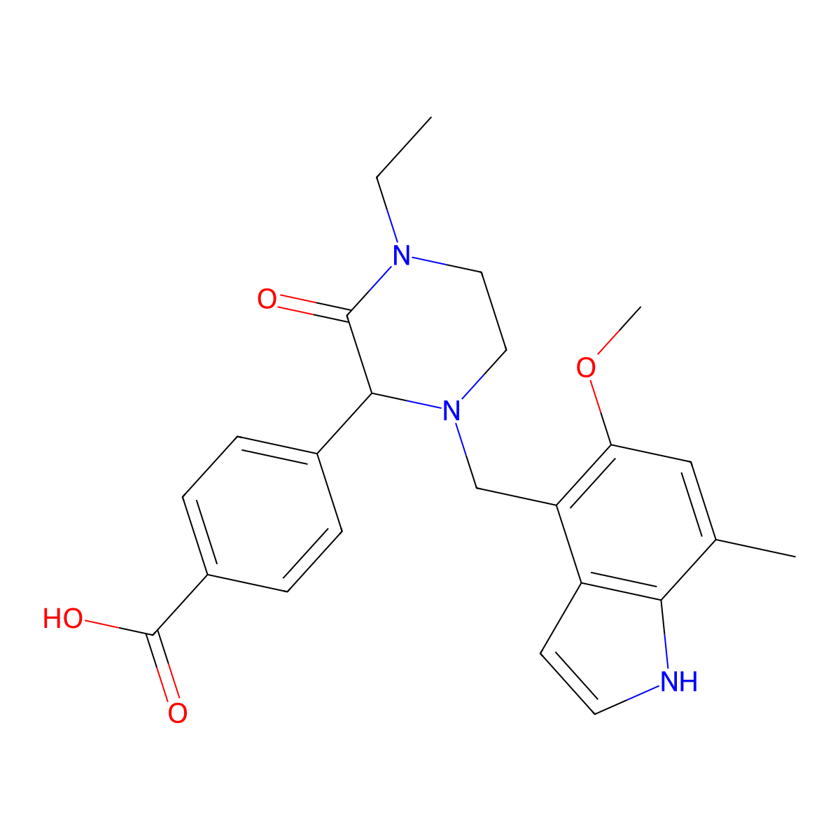 4-(4-ethyl-1-((5-methoxy-7-methyl-1H-indol-4-yl)methyl)-3-oxopiperazin-2-yl)benzoic acid molecular structure, CAS 3024487-73-5