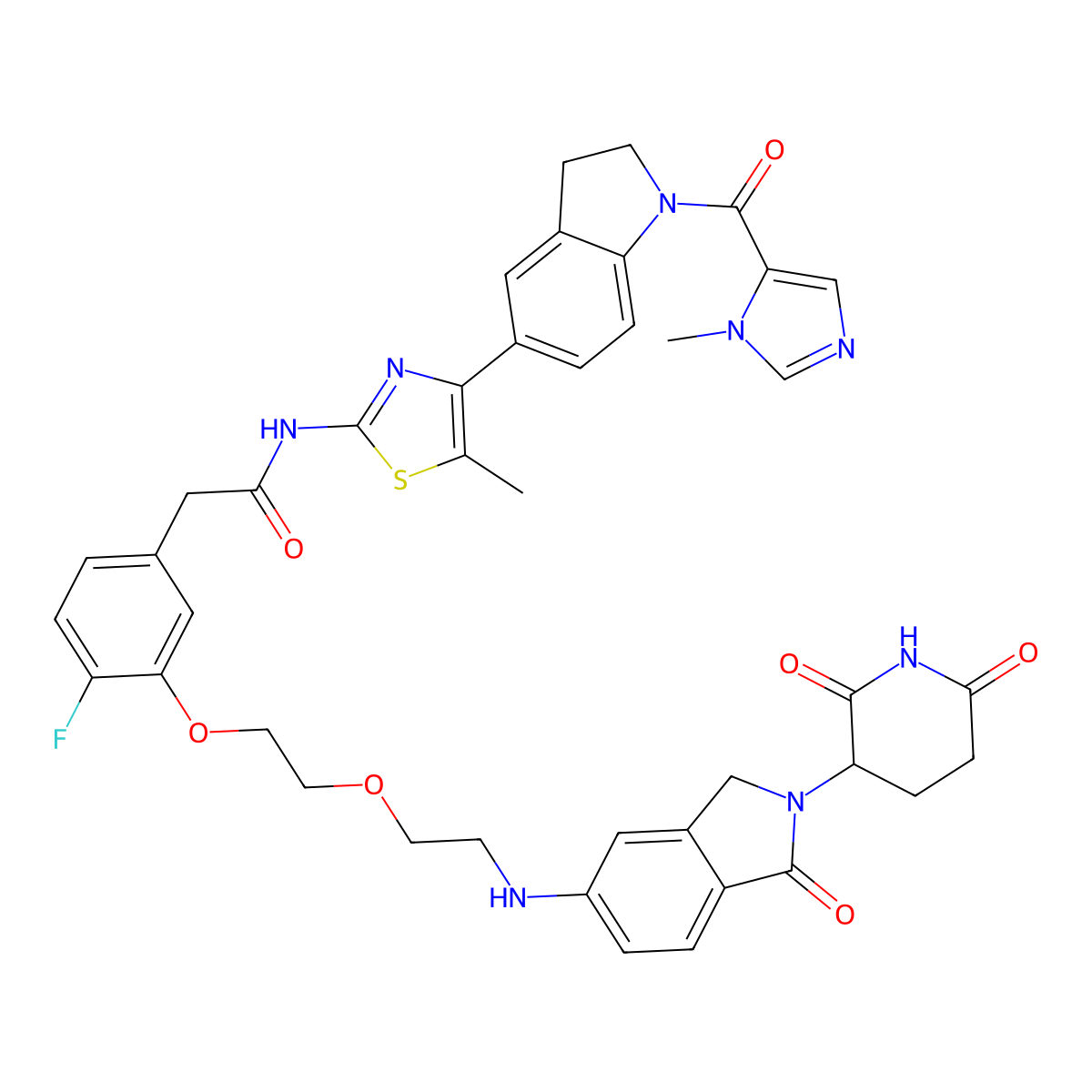2-(3-(2-(2-((2-(2,6-Dioxopiperidin-3-yl)-1-oxoisoindolin-5-yl)amino)ethoxy)ethoxy)-4-fluorophenyl)-N-(5-methyl-4-(1-(1-methyl-1H-imidazole-5-carbonyl)indolin-5-yl)thiazol-2-yl)acetamide molecular structure, CAS 3025286-29-4