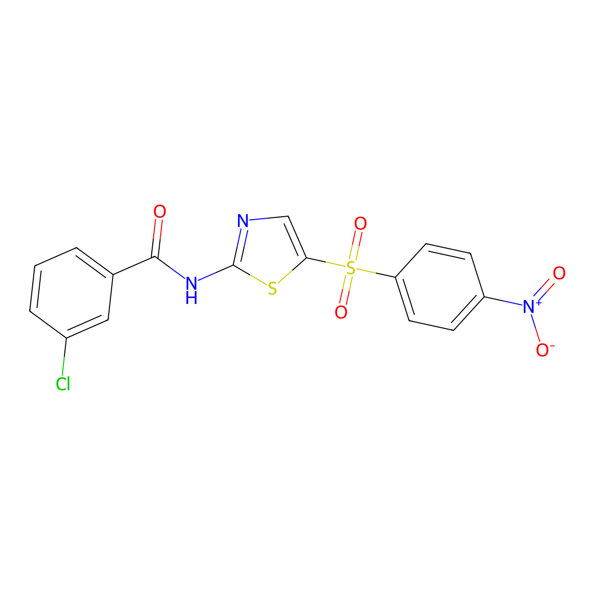 3-chloro-N-(5-((4-nitrophenyl)sulfonyl)thiazol-2-yl)benzamide molecular structure, CAS 302548-41-0