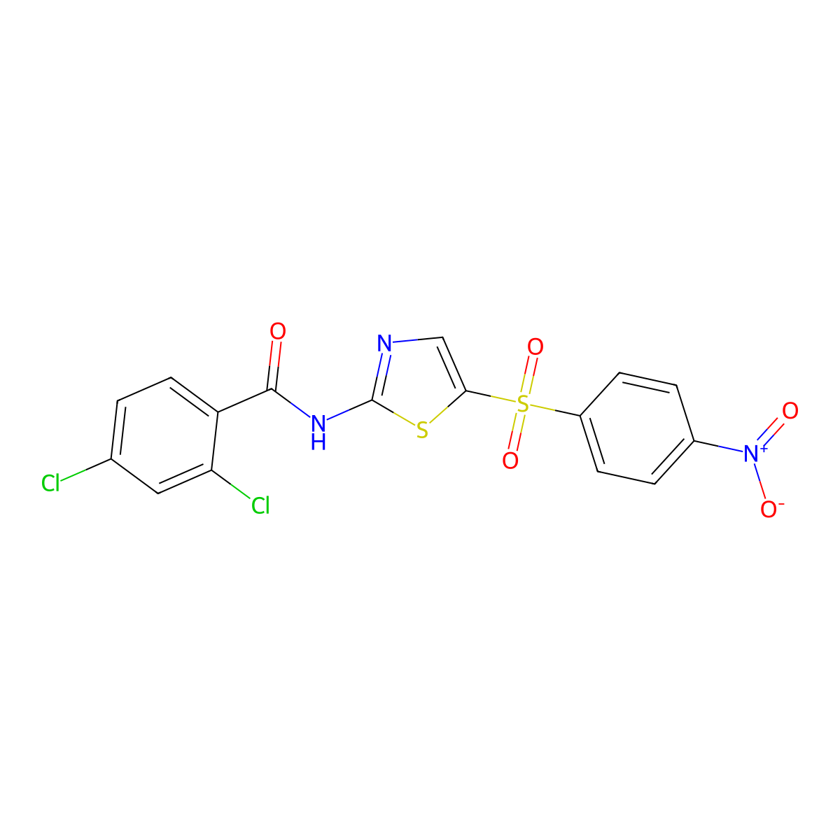 2,4-dichloro-N-(5-((4-nitrophenyl)sulfonyl)thiazol-2-yl)benzamide molecular structure, CAS 302548-49-8