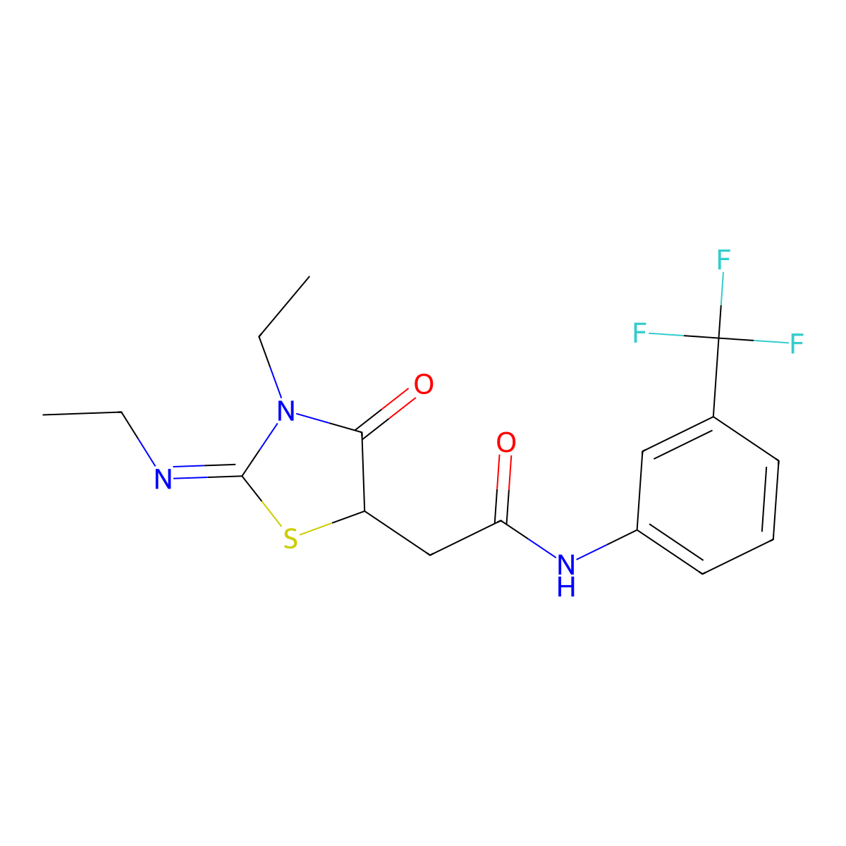 2-[(2E)-3-ethyl-2-(ethylimino)-4-oxo-1,3-thiazolidin-5-yl]-N-[3-(trifluoromethyl)phenyl]acetamide molecular structure, CAS 302548-85-2