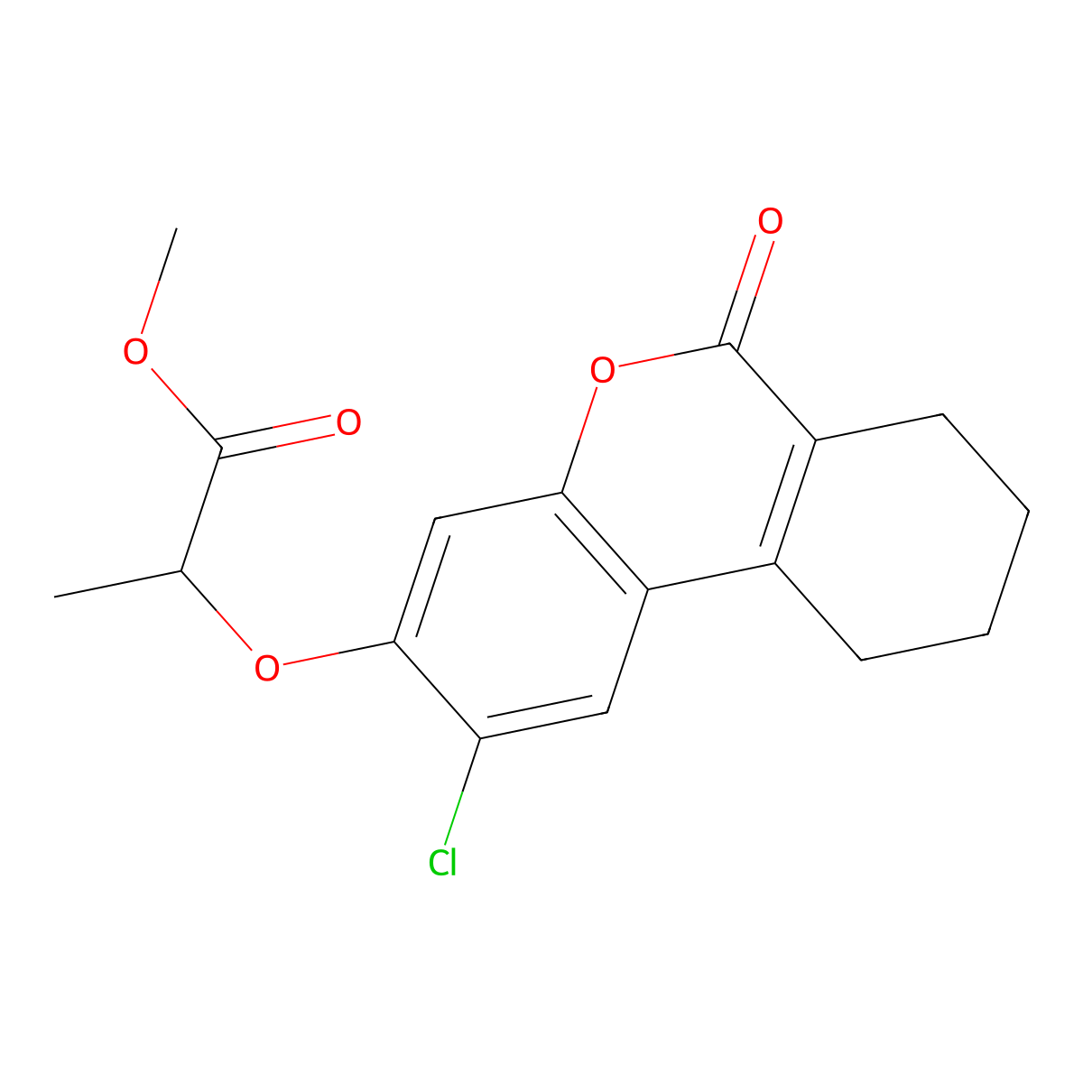 methyl 2-[(2-chloro-6-oxo-7,8,9,10-tetrahydro-6H-benzo[c]chromen-3-yl)oxy]propanoate molecular structure, CAS 302549-14-0