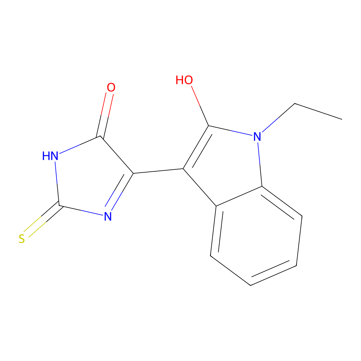 (3Z)-1-ethyl-3-(5-oxo-2-thioxoimidazolidin-4-ylidene)-1,3-dihydro-2H-indol-2-one molecular structure, CAS 302549-26-4