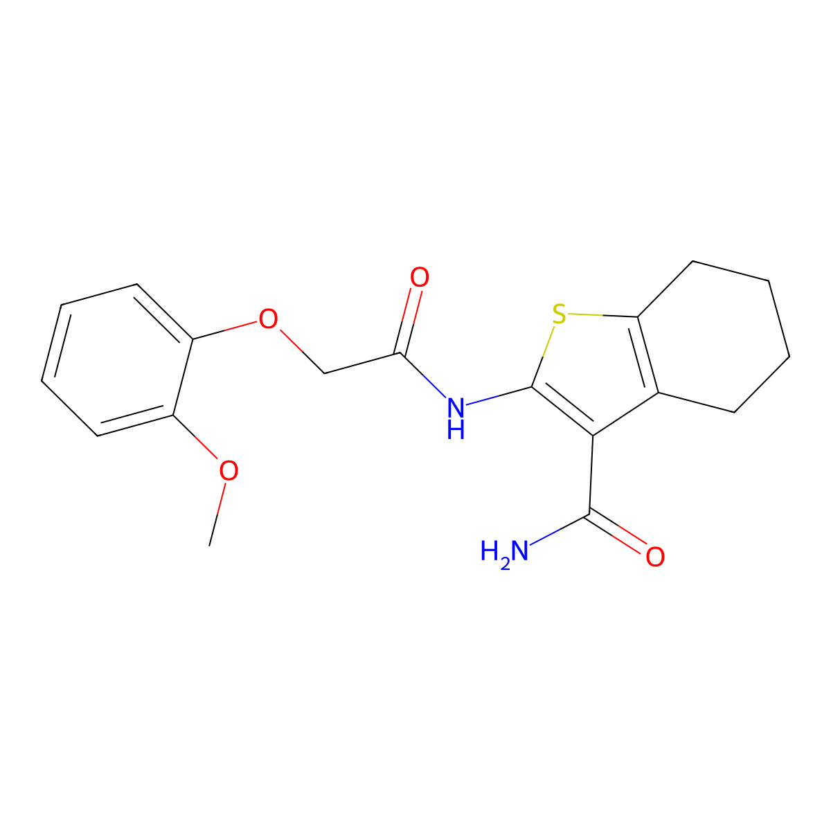 2-{[(2-Methoxyphenoxy)acetyl]amino}-4,5,6,7-tetrahydro-1-benzothiophene-3-carboxamide molecular structure, CAS 302550-15-8