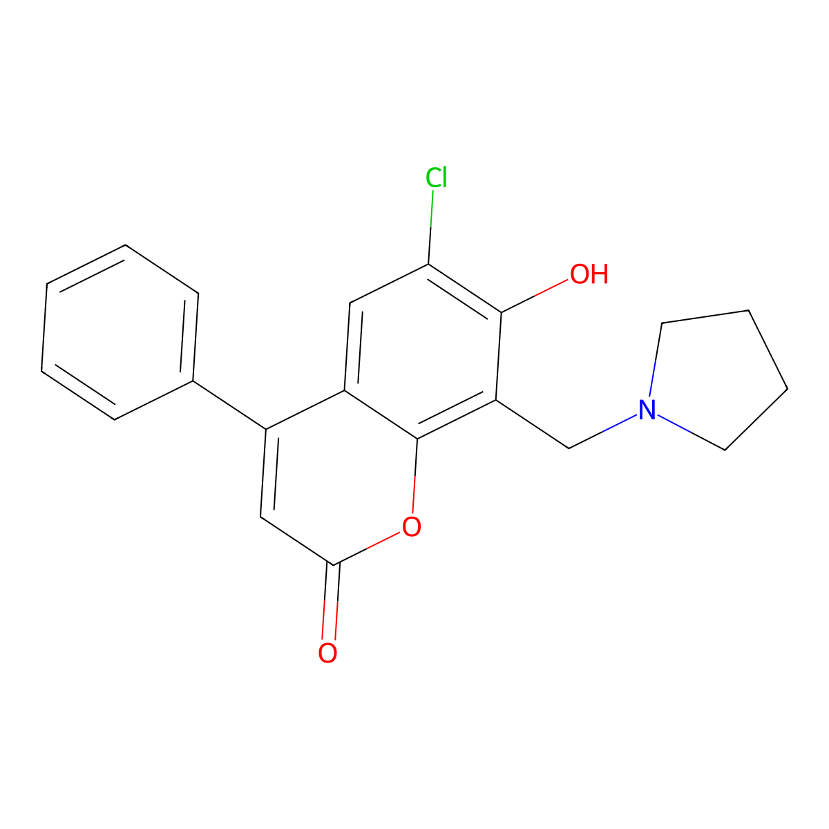 6-chloro-7-hydroxy-4-phenyl-8-(pyrrolidin-1-ylmethyl)-2H-chromen-2-one molecular structure, CAS 302551-71-9