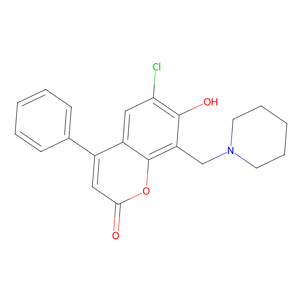 6-chloro-7-hydroxy-4-phenyl-8-(piperidin-1-ylmethyl)-2H-chromen-2-one molecular structure, CAS 302551-73-1