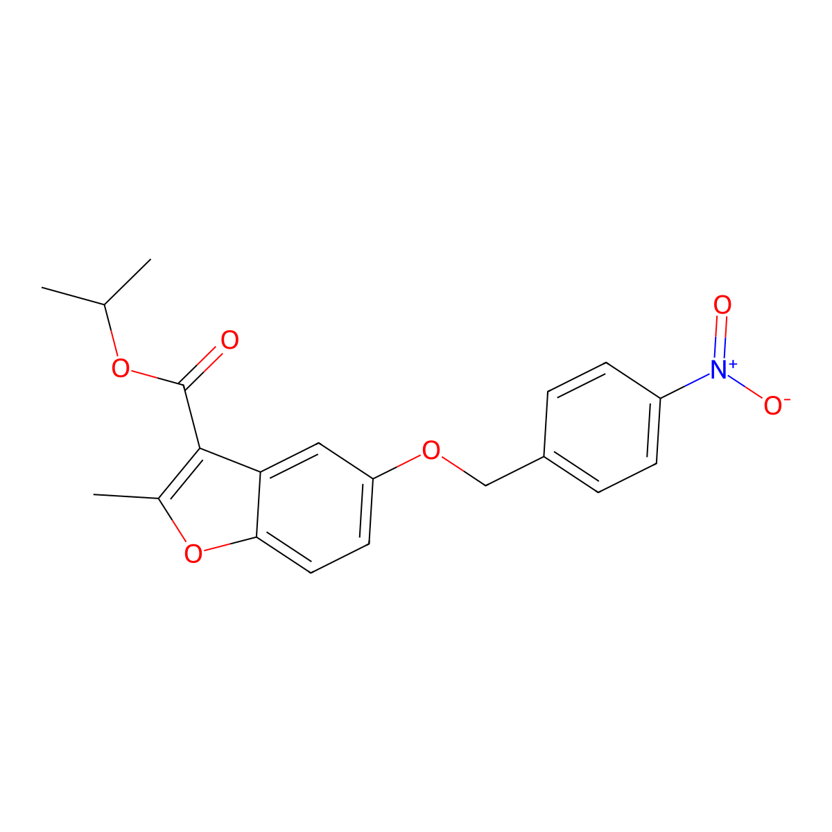 Isopropyl 2-methyl-5-((4-nitrobenzyl)oxy)benzofuran-3-carboxylate molecular structure, CAS 302551-91-3