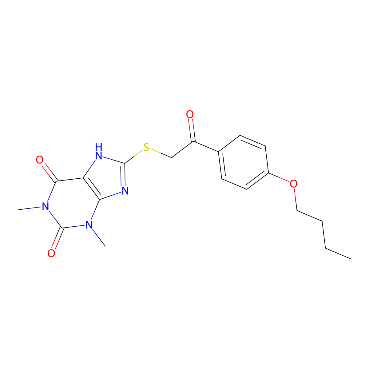 8-((2-(4-butoxyphenyl)-2-oxoethyl)thio)-1,3-dimethyl-1H-purine-2,6(3H,7H)-dione molecular structure, CAS 302552-38-1