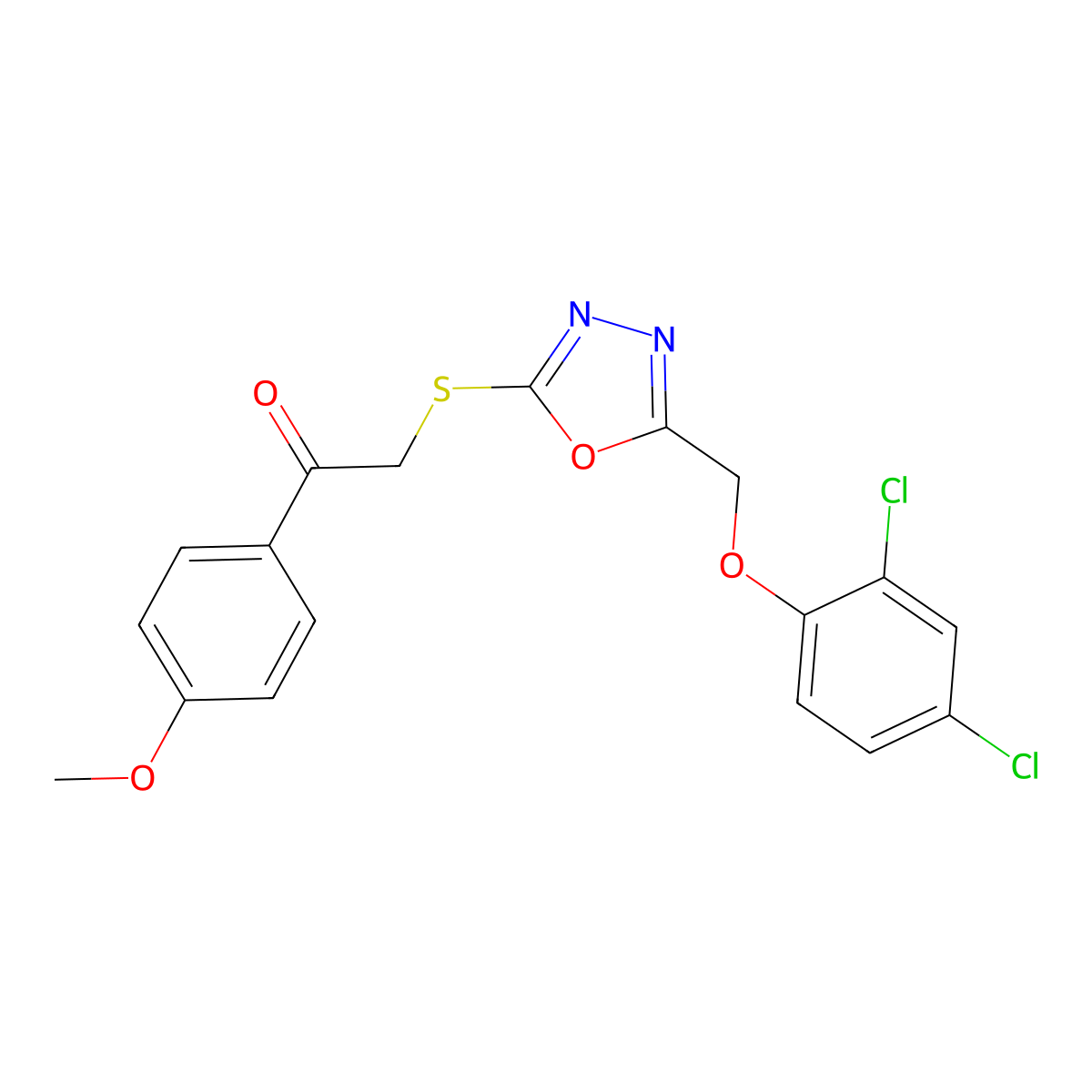 2-({5-[(2,4-Dichlorophenoxy)methyl]-1,3,4-oxadiazol-2-yl}sulfanyl)-1-(4-methoxyphenyl)ethanone molecular structure, CAS 302552-40-5