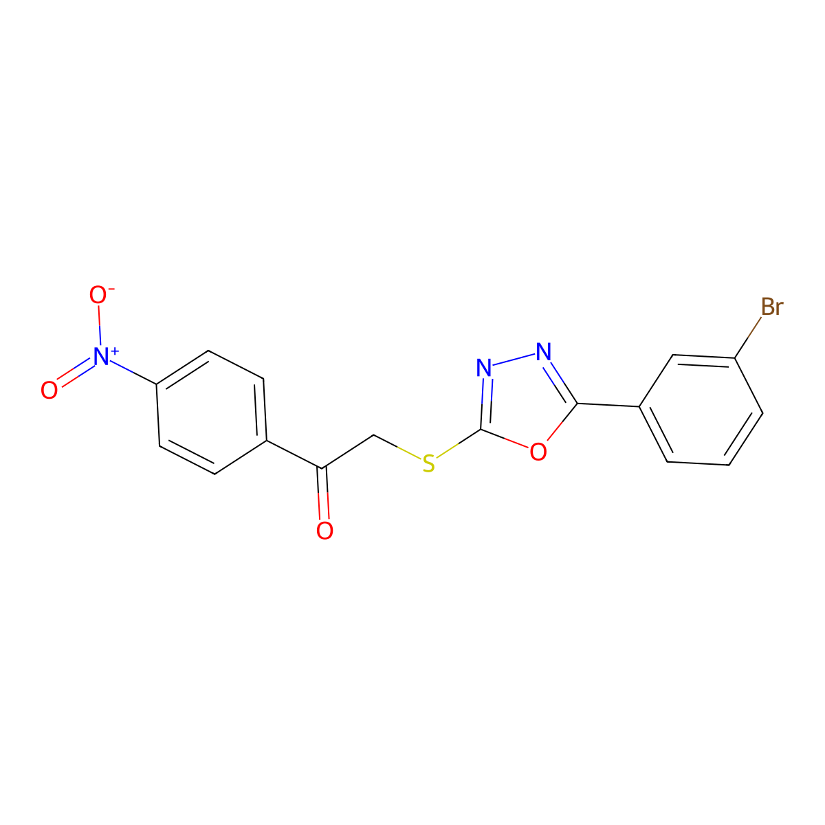 2-((5-(3-Bromophenyl)-1,3,4-oxadiazol-2-yl)thio)-1-(4-nitrophenyl)ethanone molecular structure, CAS 302552-41-6