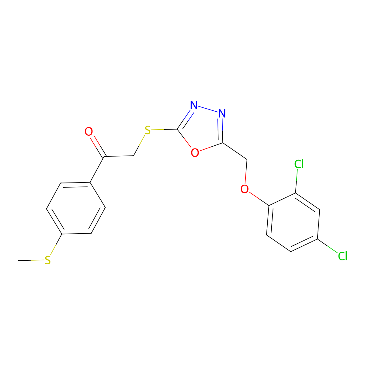 2-({5-[(2,4-Dichlorophenoxy)methyl]-1,3,4-oxadiazol-2-yl}sulfanyl)-1-[4-(methylsulfanyl)phenyl]ethanone molecular structure, CAS 302552-43-8