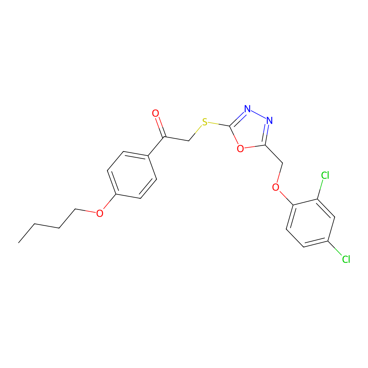 1-(4-Butoxyphenyl)-2-({5-[(2,4-dichlorophenoxy)methyl]-1,3,4-oxadiazol-2-yl}sulfanyl)ethanone molecular structure, CAS 302552-44-9