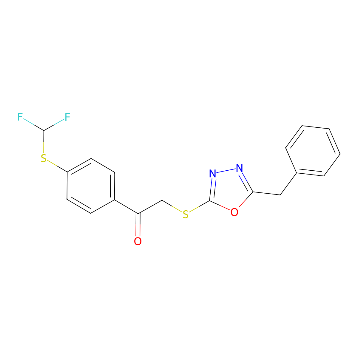 2-((5-Benzyl-1,3,4-oxadiazol-2-yl)thio)-1-(4-((difluoromethyl)thio)phenyl)ethanone molecular structure, CAS 302552-45-0