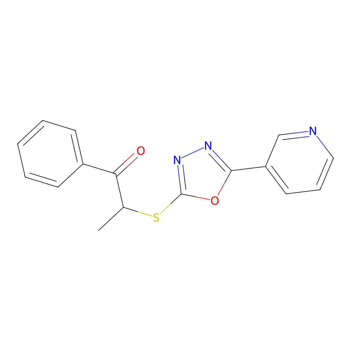 1-Phenyl-2-{[5-(pyridin-3-yl)-1,3,4-oxadiazol-2-yl]sulfanyl}propan-1-one molecular structure, CAS 302552-46-1