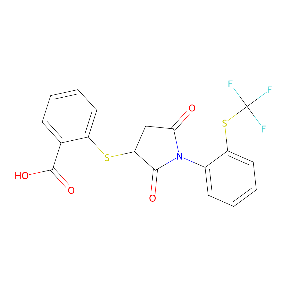 2-((2,5-Dioxo-1-(2-((trifluoromethyl)thio)phenyl)pyrrolidin-3-yl)thio)benzoic acid molecular structure, CAS 302552-57-4