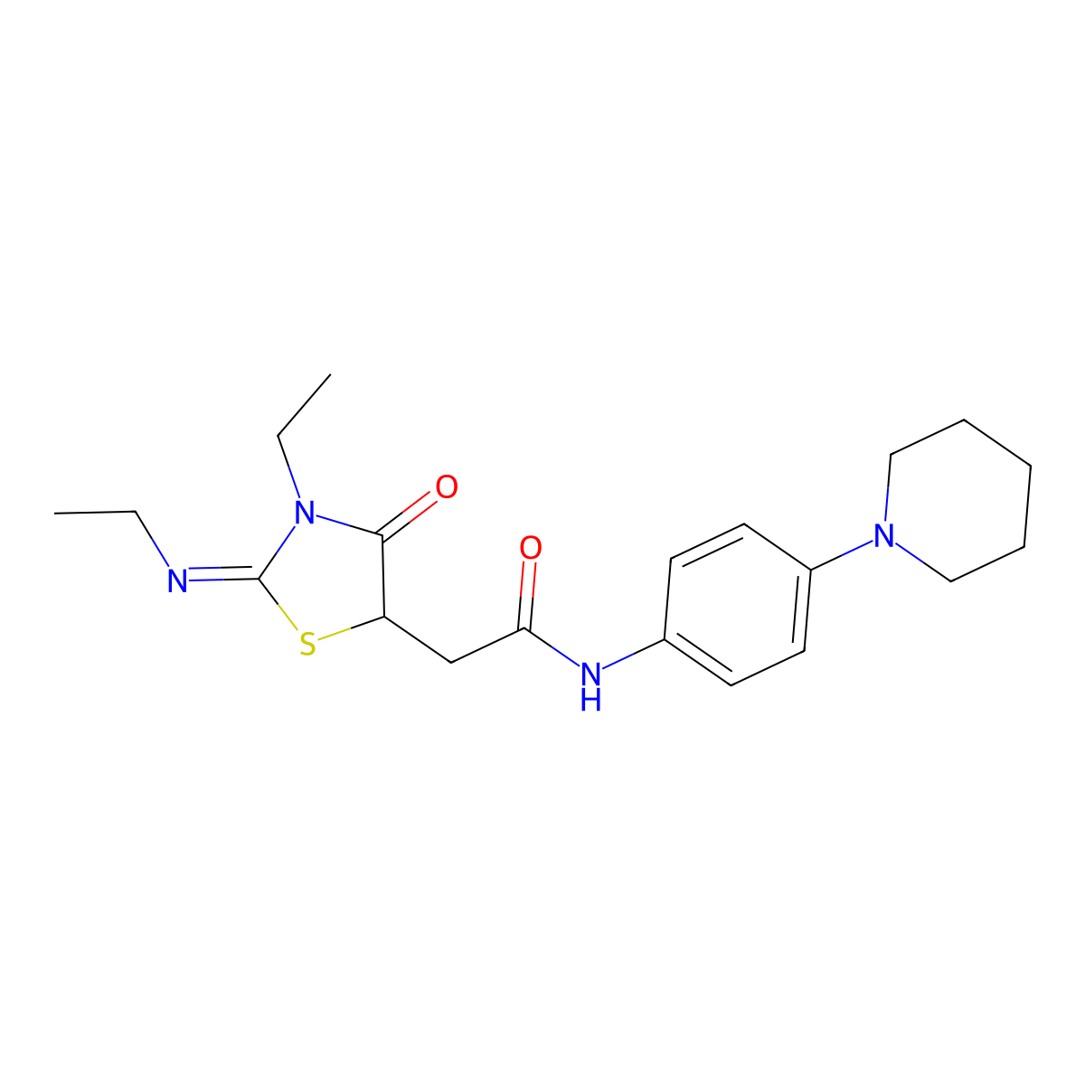 2-[(2Z)-3-ethyl-2-(ethylimino)-4-oxo-1,3-thiazolidin-5-yl]-N-[4-(piperidin-1-yl)phenyl]acetamide molecular structure, CAS 302552-75-6