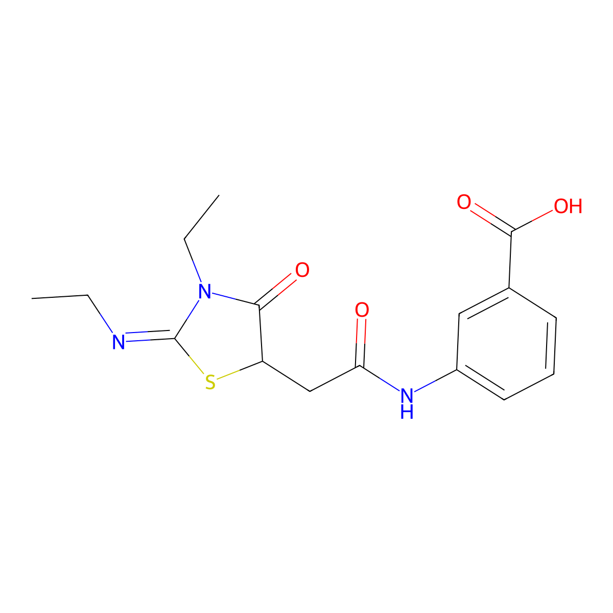 (Z)-3-(2-(3-ethyl-2-(ethylimino)-4-oxothiazolidin-5-yl)acetamido)benzoic acid molecular structure, CAS 302552-76-7