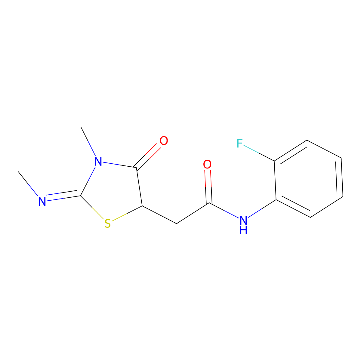 N-(2-fluorophenyl)-2-(3-methyl-2-methylimino-4-oxo-1,3-thiazolidin-5-yl)acetamide molecular structure, CAS 302552-78-9
