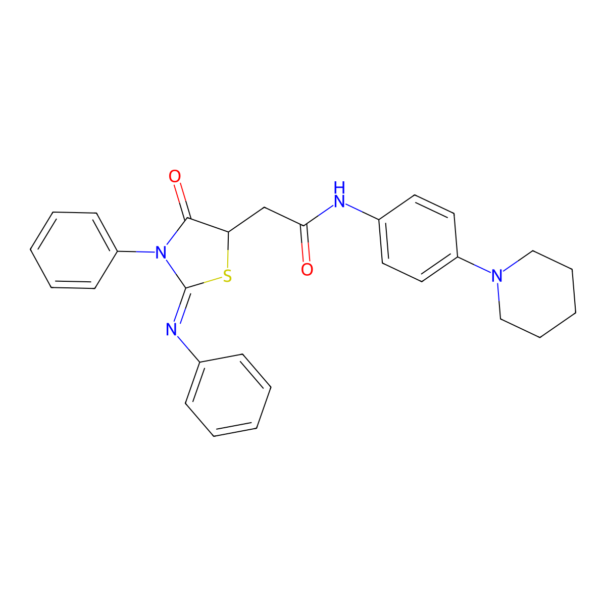 2-[(2Z)-4-oxo-3-phenyl-2-(phenylimino)-1,3-thiazolidin-5-yl]-N-[4-(piperidin-1-yl)phenyl]acetamide molecular structure, CAS 302552-79-0