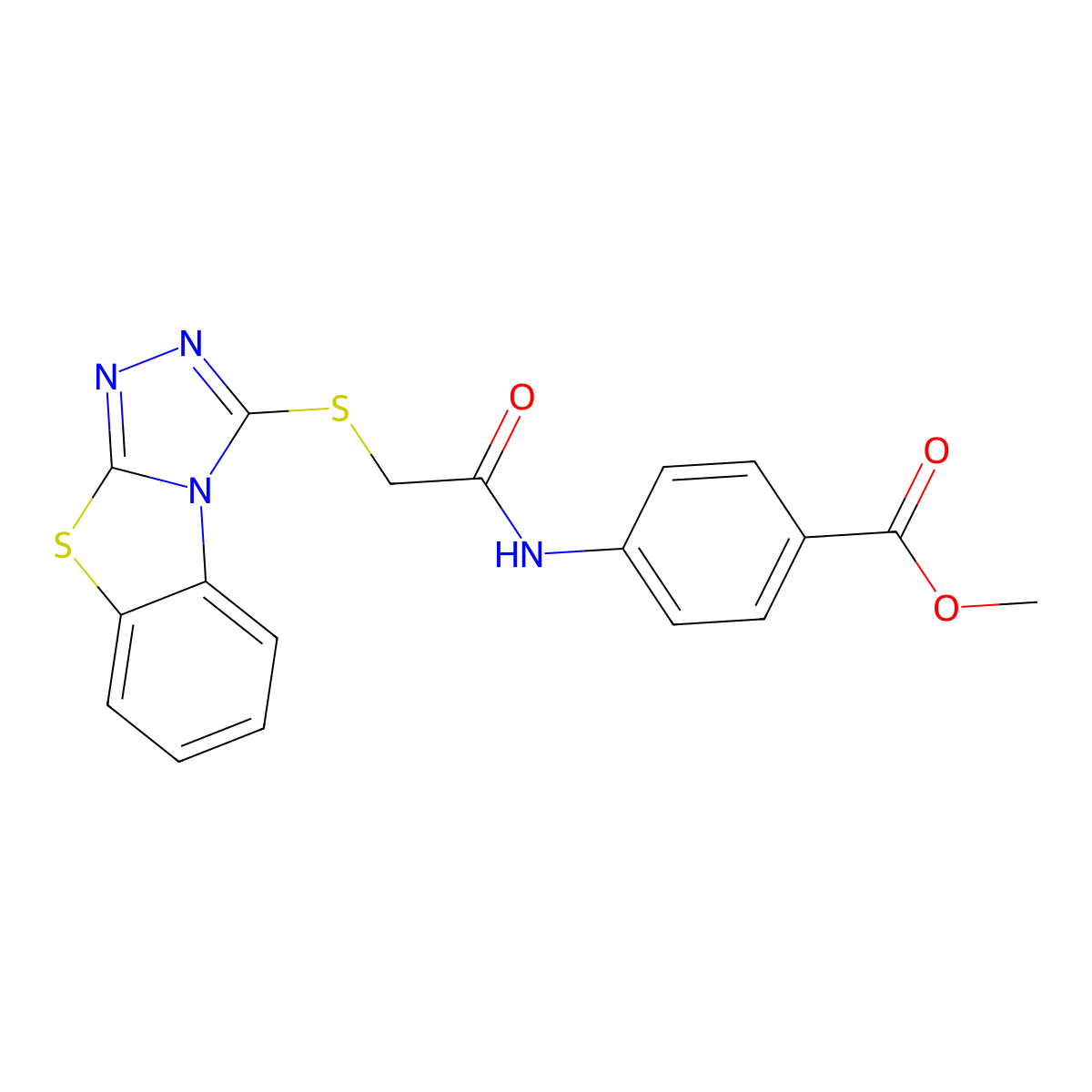 Methyl 4-(2-{7-thia-2,4,5-triazatricyclo[6.4.0.0^{2,6}]dodeca-1(8),3,5,9,11-pentaen-3-ylsulfanyl}acetamido)benzoate molecular structure, CAS 302552-83-6