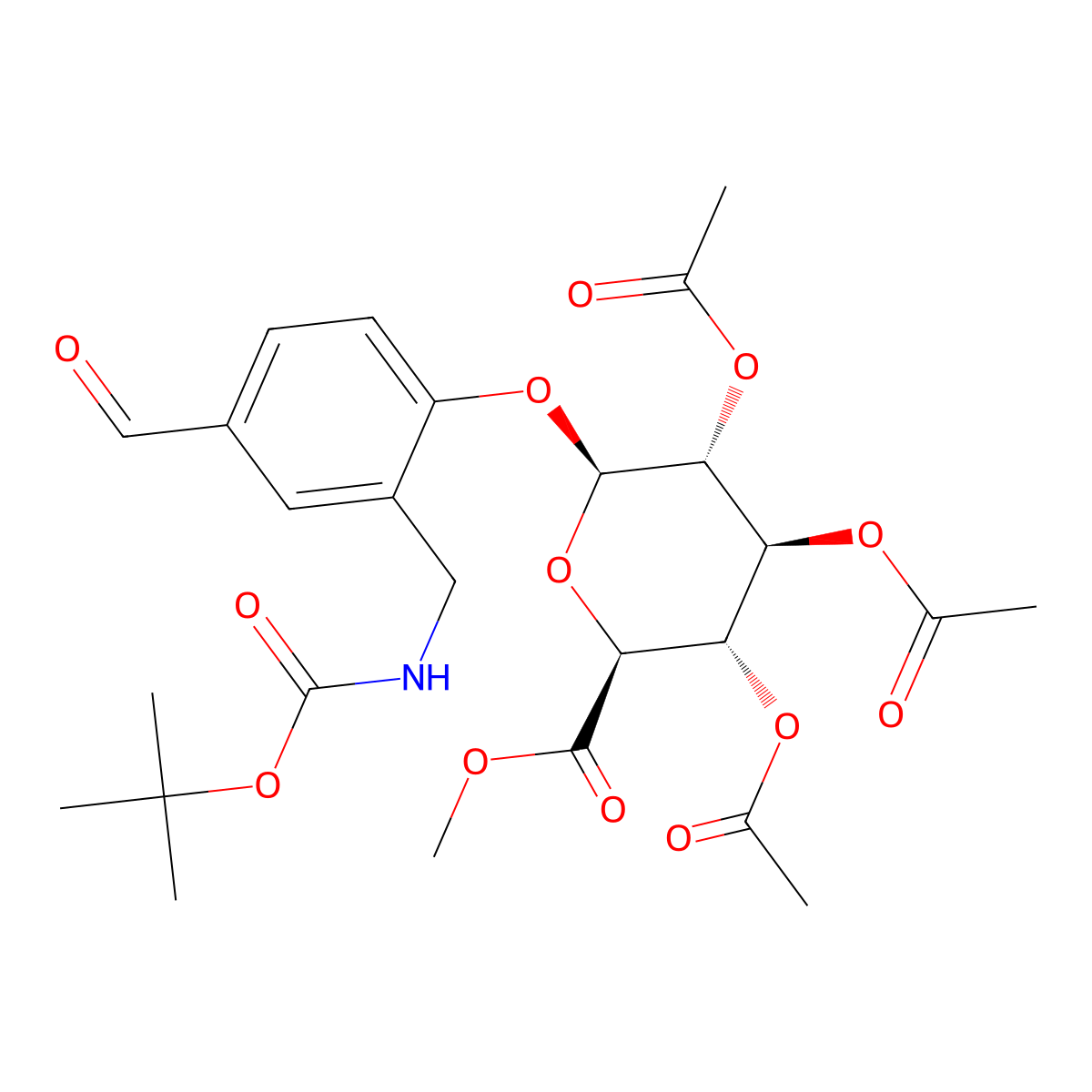 (2S,3R,4S,5S,6S)-2-[2-[(Boc-amino)methyl]-4-formylphenoxy]-6-(methoxycarbonyl)tetrahydro-2H-pyran-3,4,5-triyl triacetate molecular structure, CAS 3025520-80-0