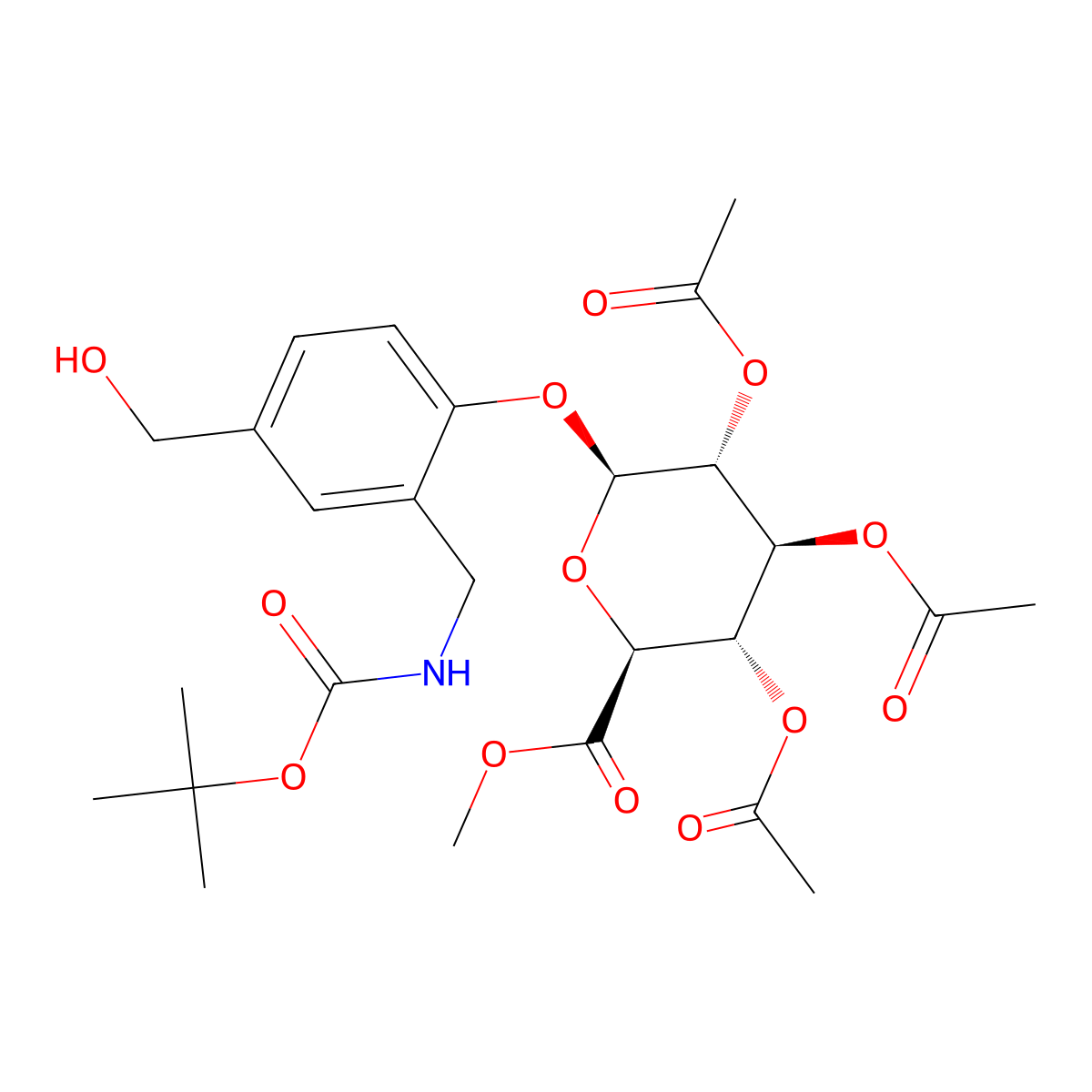 (2S,3R,4S,5S,6S)-2-[2-[(Boc-amino)methyl]-4-(hydroxymethyl)phenoxy]-6-(methoxycarbonyl)tetrahydro-2H-pyran-3,4,5-triyl triacetate molecular structure, CAS 3025520-82-2