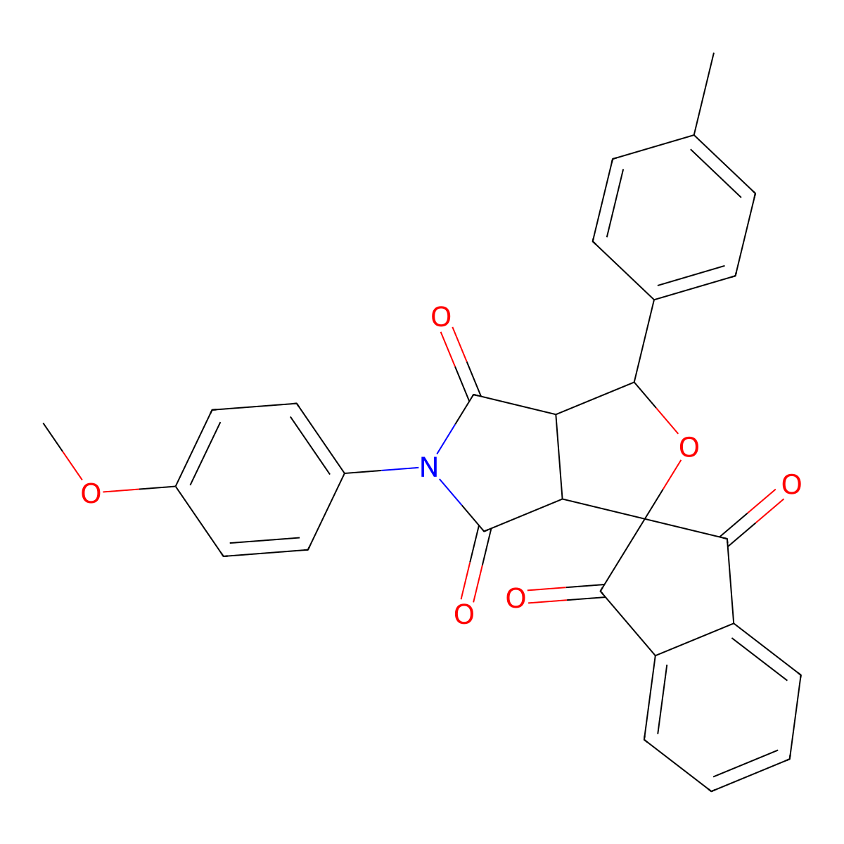 5-(4-methoxyphenyl)-1-(4-methylphenyl)-3a,6a-dihydrosprio[1H-furo[3,4-c]pyrrole-3,2'-(1'H)-indene]-1',3',4,6(2'H,3H,5H)-tetrone molecular structure, CAS 302558-22-1