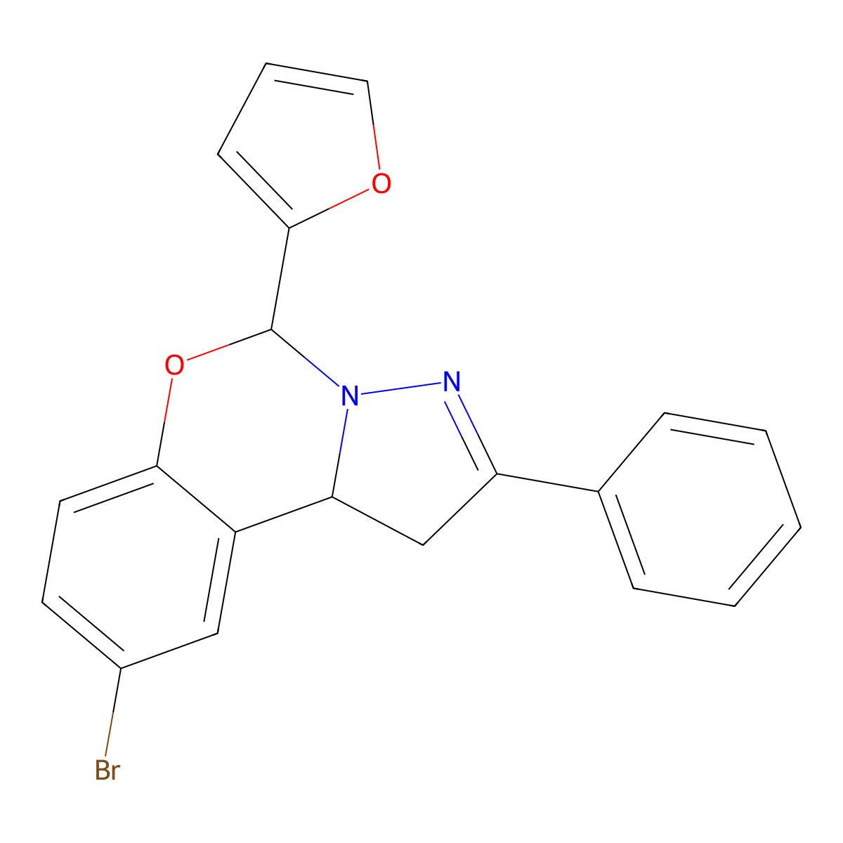 9-bromo-5-(furan-2-yl)-2-phenyl-5,10b-dihydro-1H-pyrazolo[1,5-c][1,3]benzoxazine molecular structure, CAS 302559-40-6