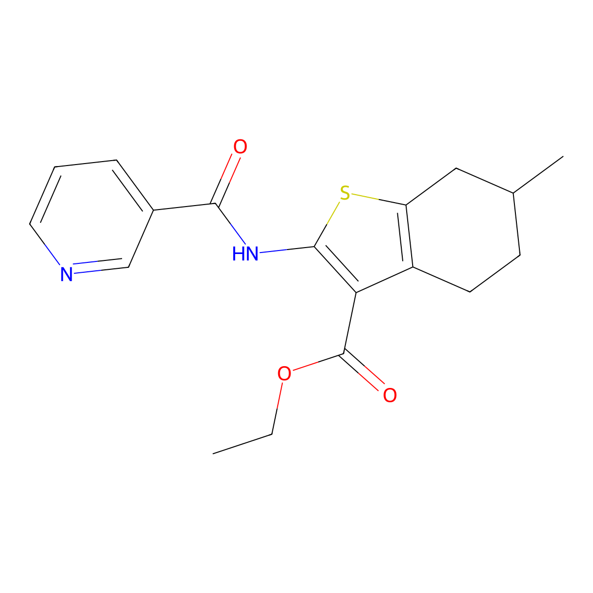 Ethyl 6-methyl-2-(pyridine-3-carbonylamino)-4,5,6,7-tetrahydro-1-benzothiophene-3-carboxylate molecular structure, CAS 302573-84-8