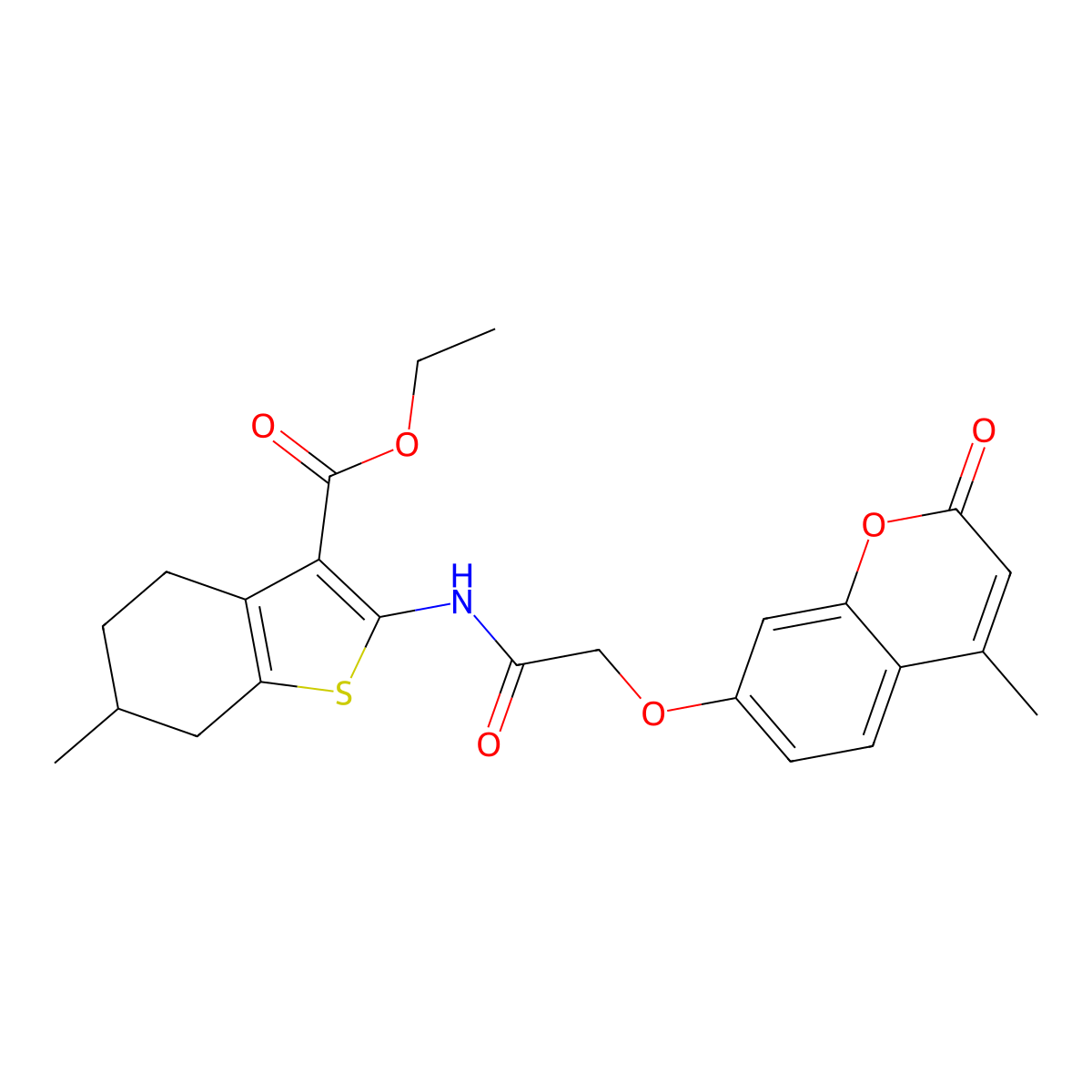 ethyl 6-methyl-2-({[(4-methyl-2-oxo-2H-chromen-7-yl)oxy]acetyl}amino)-4,5,6,7-tetrahydro-1-benzothiophene-3-carboxylate molecular structure, CAS 302573-85-9