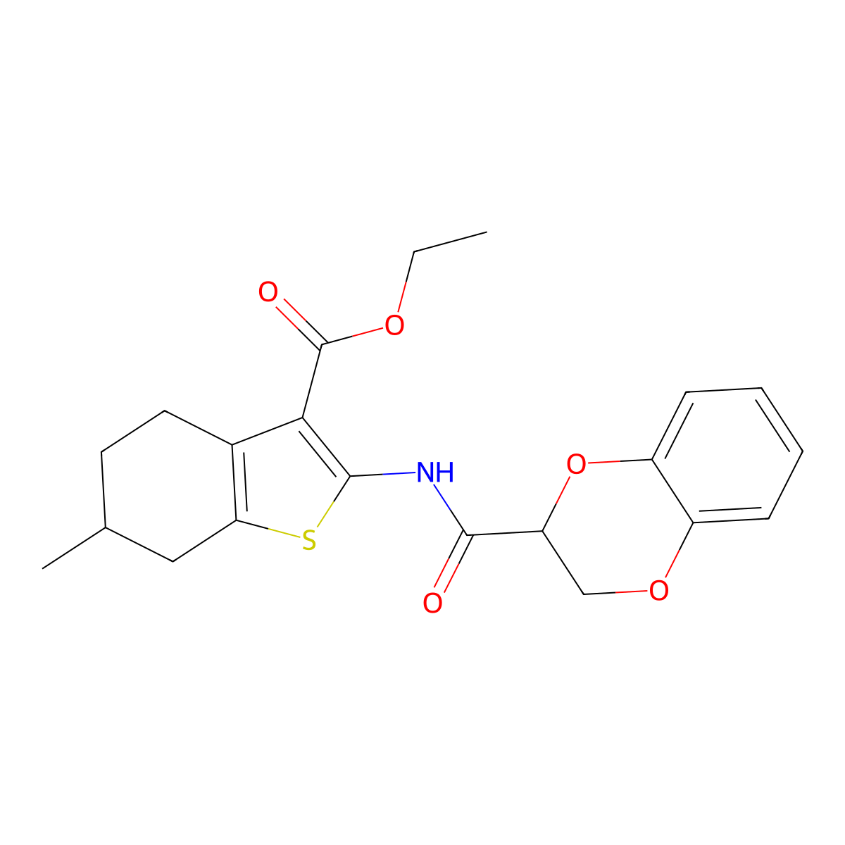 Ethyl 2-[(2,3-dihydro-1,4-benzodioxin-2-ylcarbonyl)amino]-6-methyl-4,5,6,7-tetrahydro-1-benzothiophene-3-carboxylate molecular structure, CAS 302573-86-0