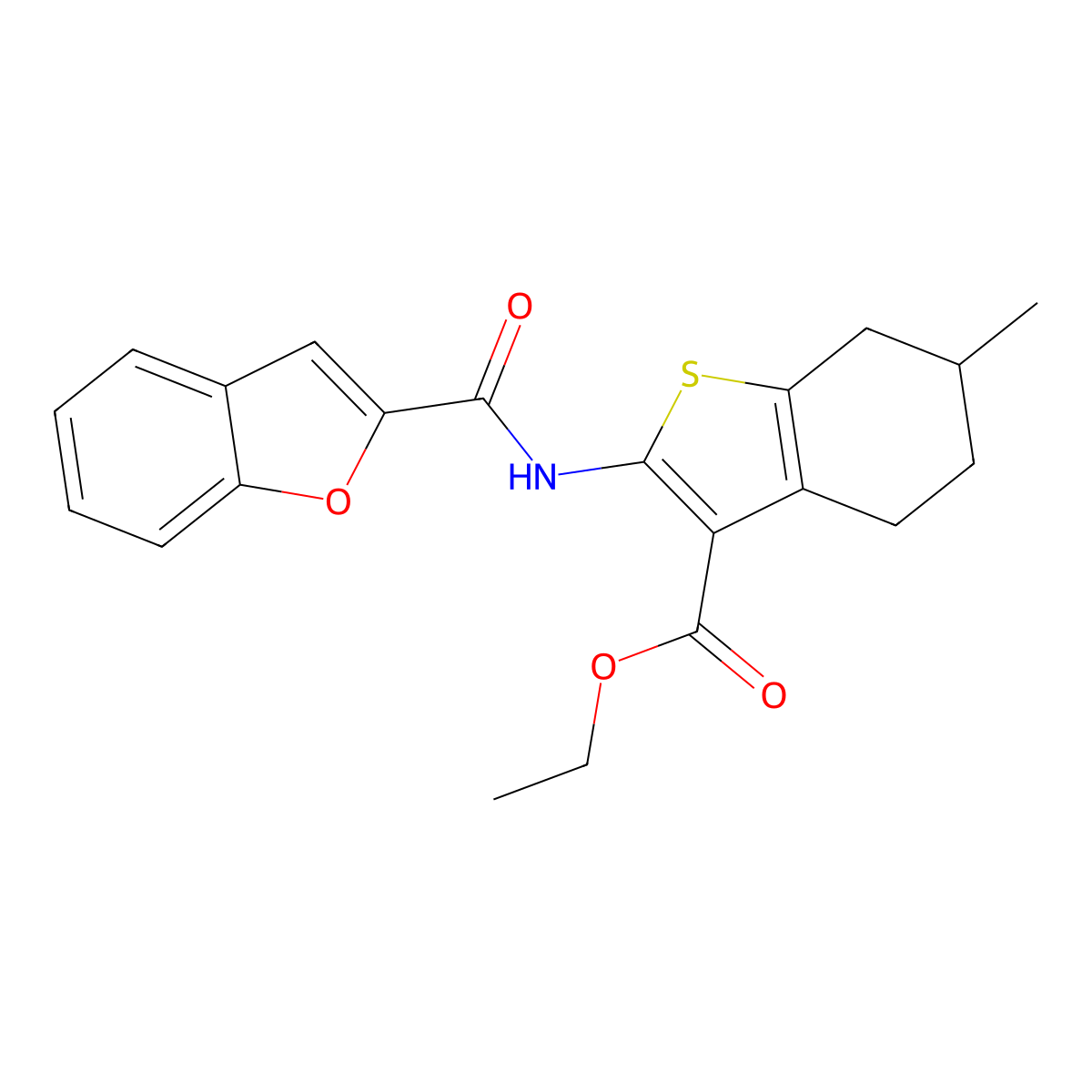 Ethyl 2-(1-benzofuran-2-carbonylamino)-6-methyl-4,5,6,7-tetrahydro-1-benzothiophene-3-carboxylate molecular structure, CAS 302573-87-1